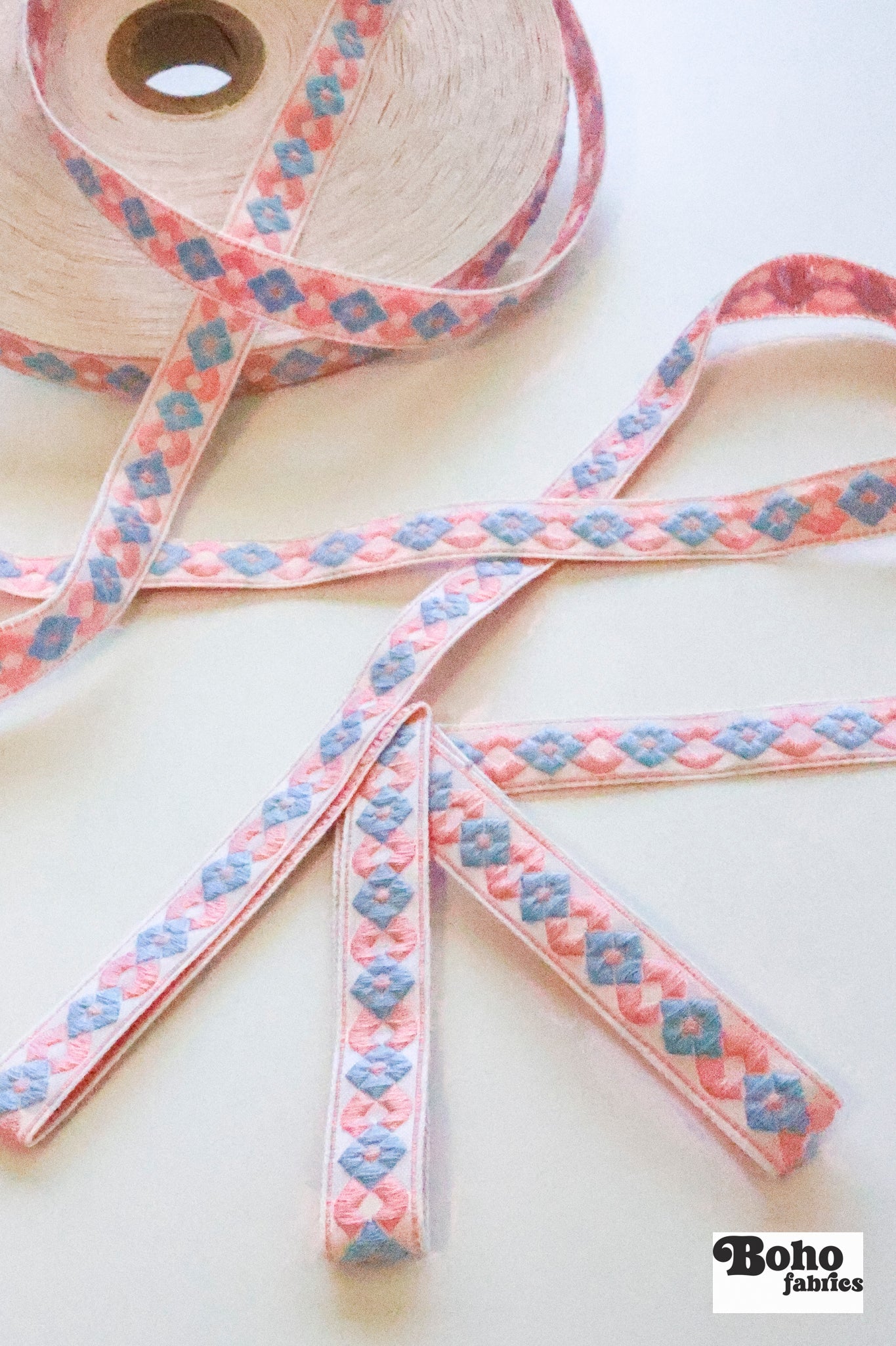 Diamond Link, Pink & Blue 5/8" Vintage Jacquard Ribbon, TRIM - 077 - Boho Fabrics - Trims