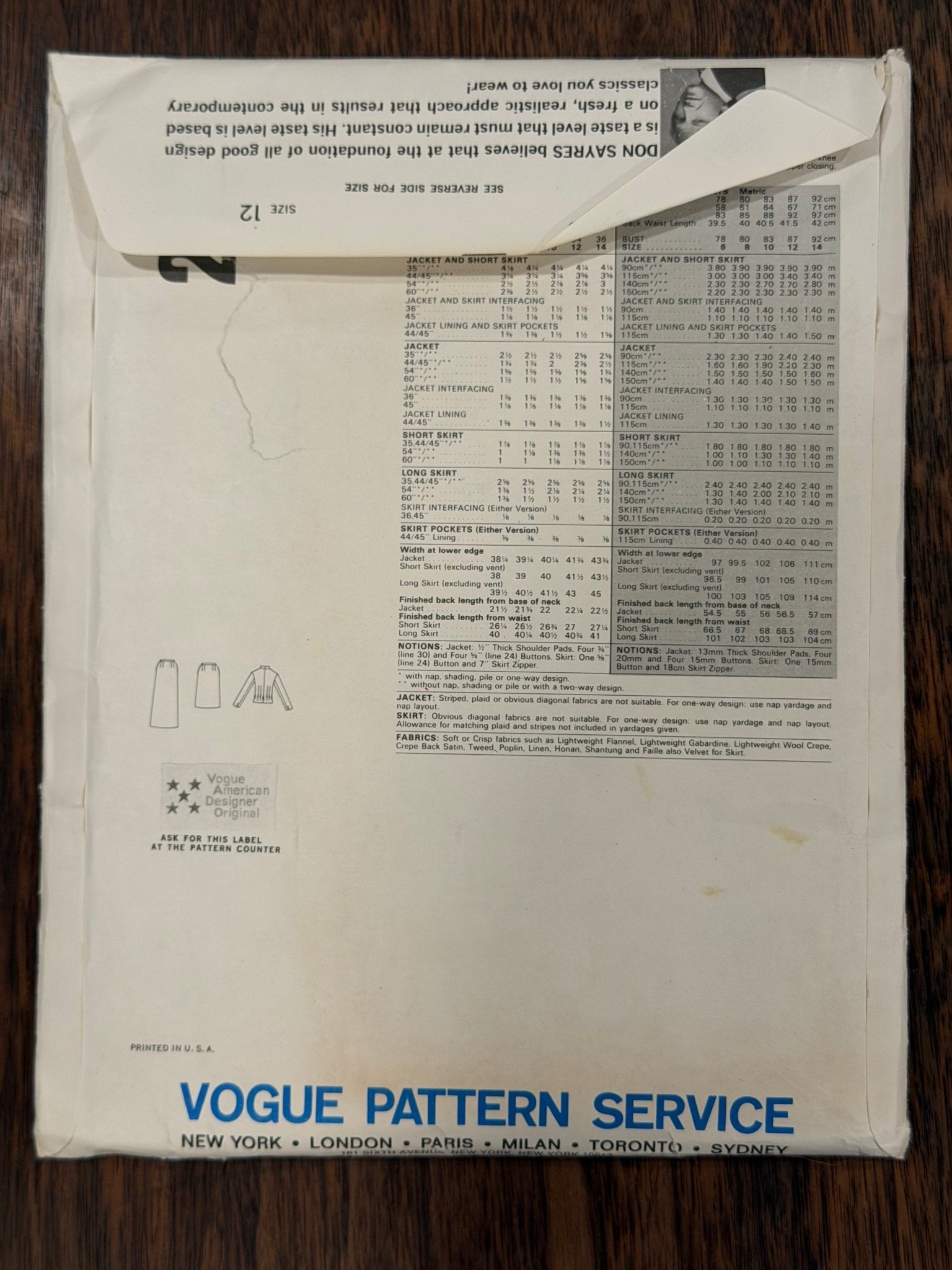 Don Sayres | Vogue American Designer Sewing Pattern #2371 — Size 12, Vintage - Boho Fabrics - Sewing Patterns
