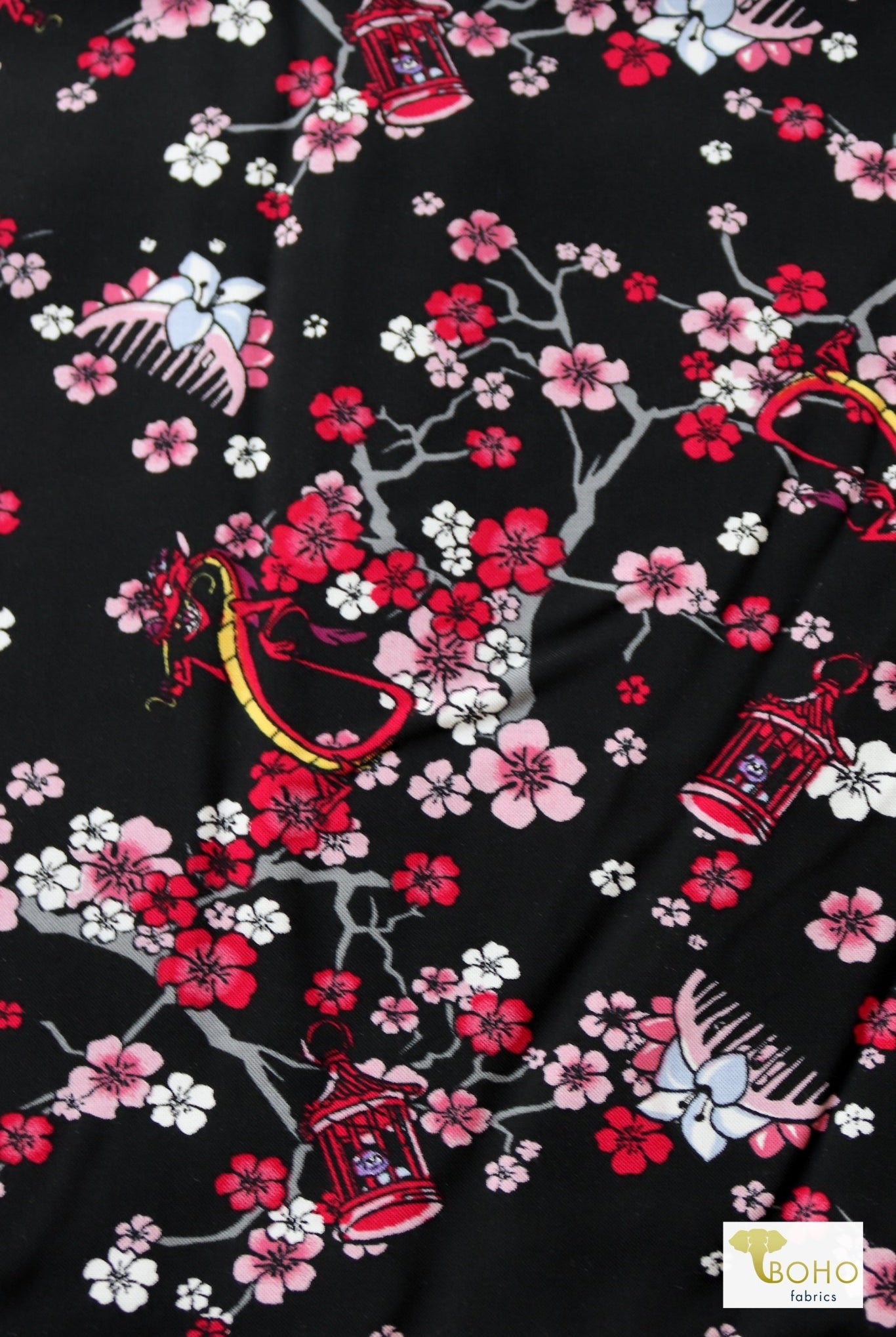 Dragon Cherry Blossoms, Rayon Challis Woven Print - Boho Fabrics
