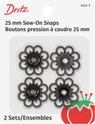 Dritz Sew - On Snaps with Flower Design, Black, Size 25mm 2 - Sets - Boho Fabrics - Buttons & Snaps
