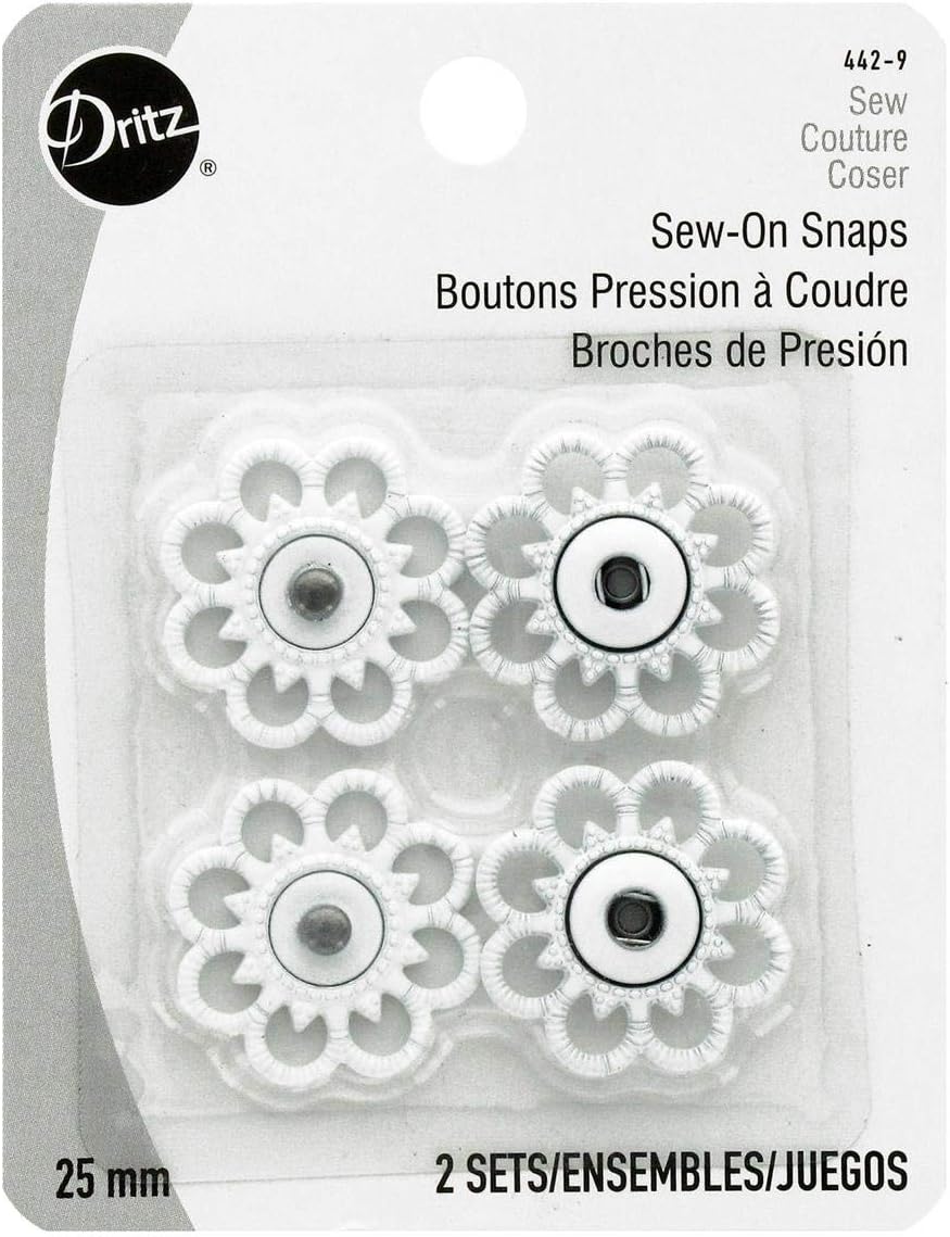 Dritz Sew - On Snaps with Flower Design, White, Size 25mm 2 - Sets - Boho Fabrics - Buttons & Snaps