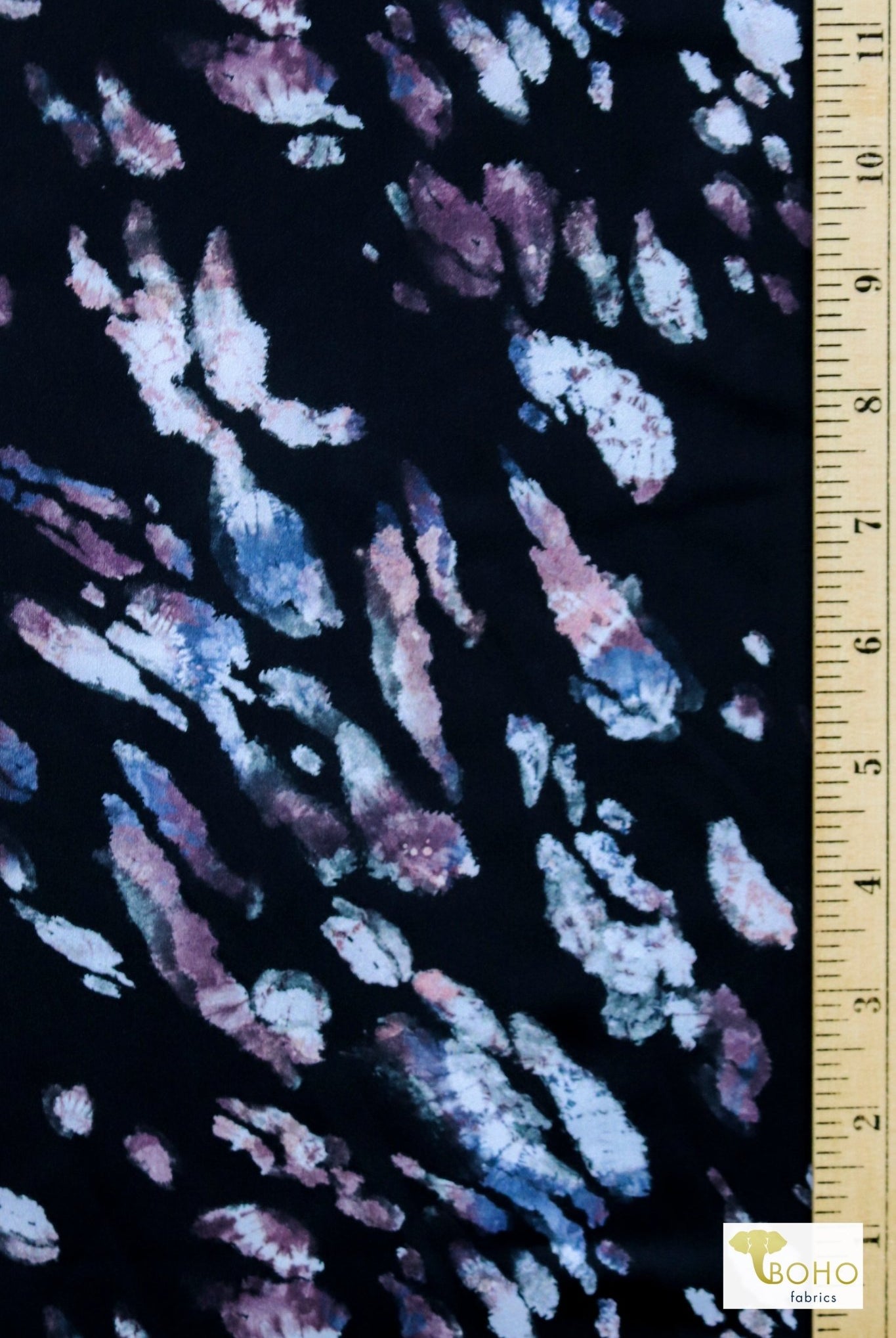 Dusty Purple Droplets On Black, Printed Swim Knit Fabric. - Boho Fabrics