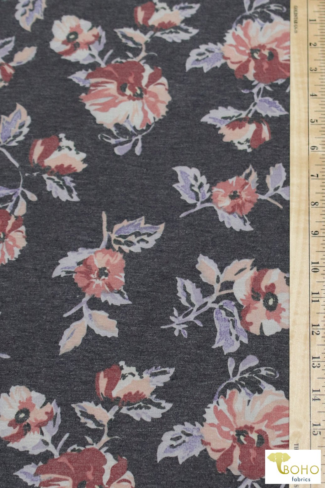 Dusty Rose Cosmos on Gray, French Terry Knit Print. FTP-330-GRY - Boho Fabrics