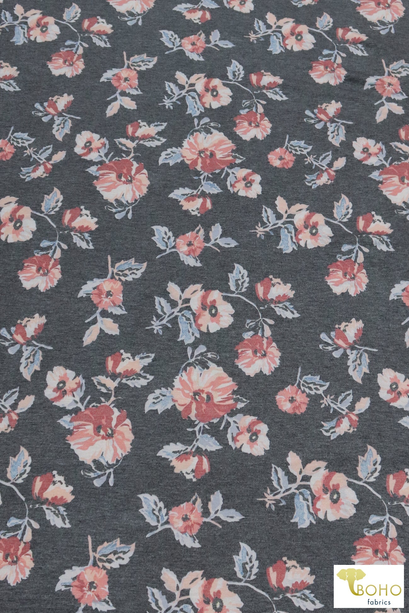 Dusty Rose Cosmos on Gray, French Terry Knit Print. FTP-330-GRY - Boho Fabrics