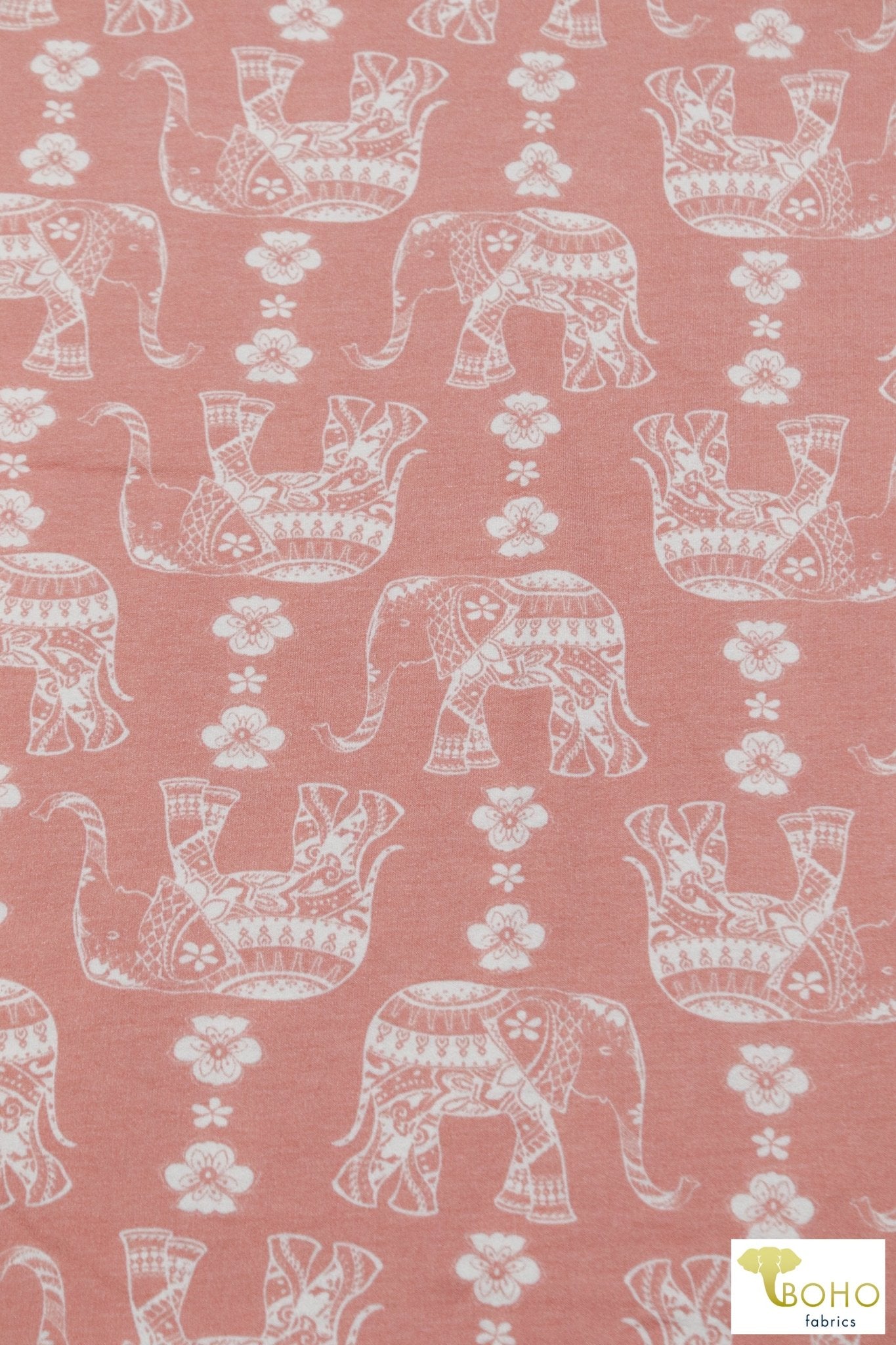 Elephant Parade on Blush Peach, French Terry Knit Print. FTP-326-PNK - Boho Fabrics