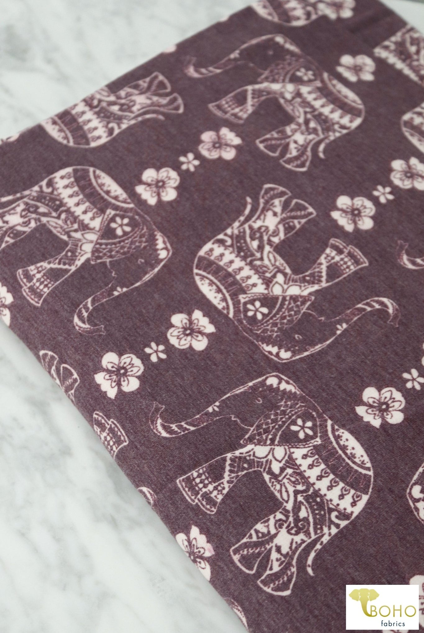 Elephant Parade on Deep Wine Red, French Terry Knit Print. FTP-326-RED - Boho Fabrics