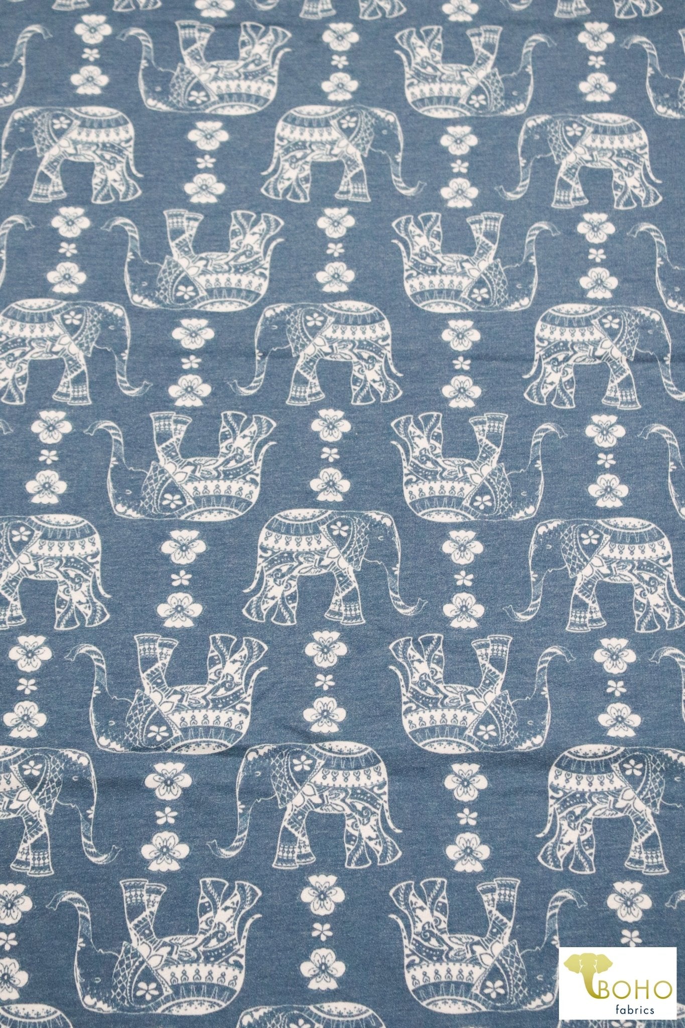 Elephant Parade on Denim Blue, French Terry Knit Print. FTP-326-BLU - Boho Fabrics