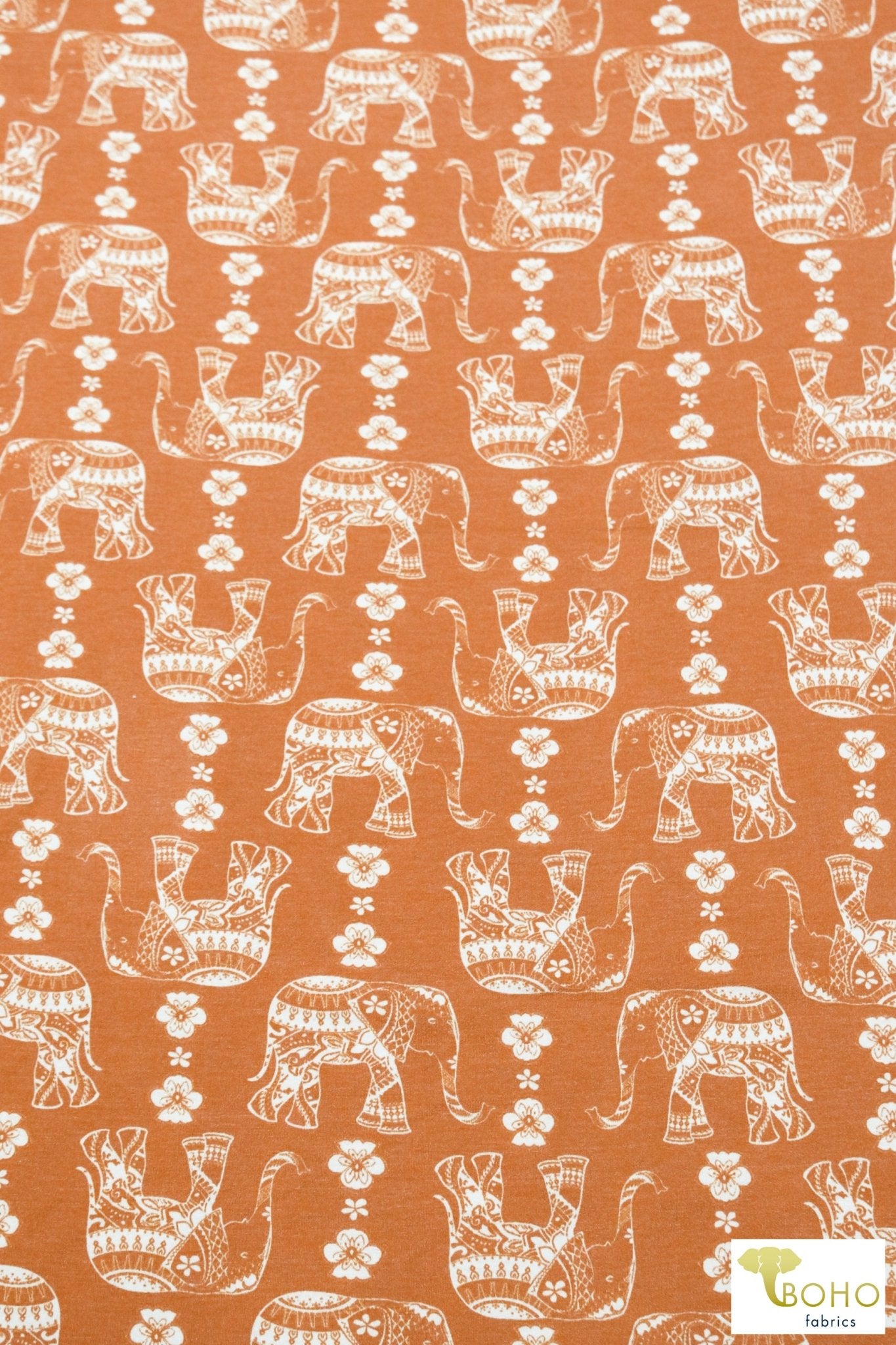 Elephant Parade on Desert Sun Orange French Terry Knit Print. FTP-326-ORG - Boho Fabrics