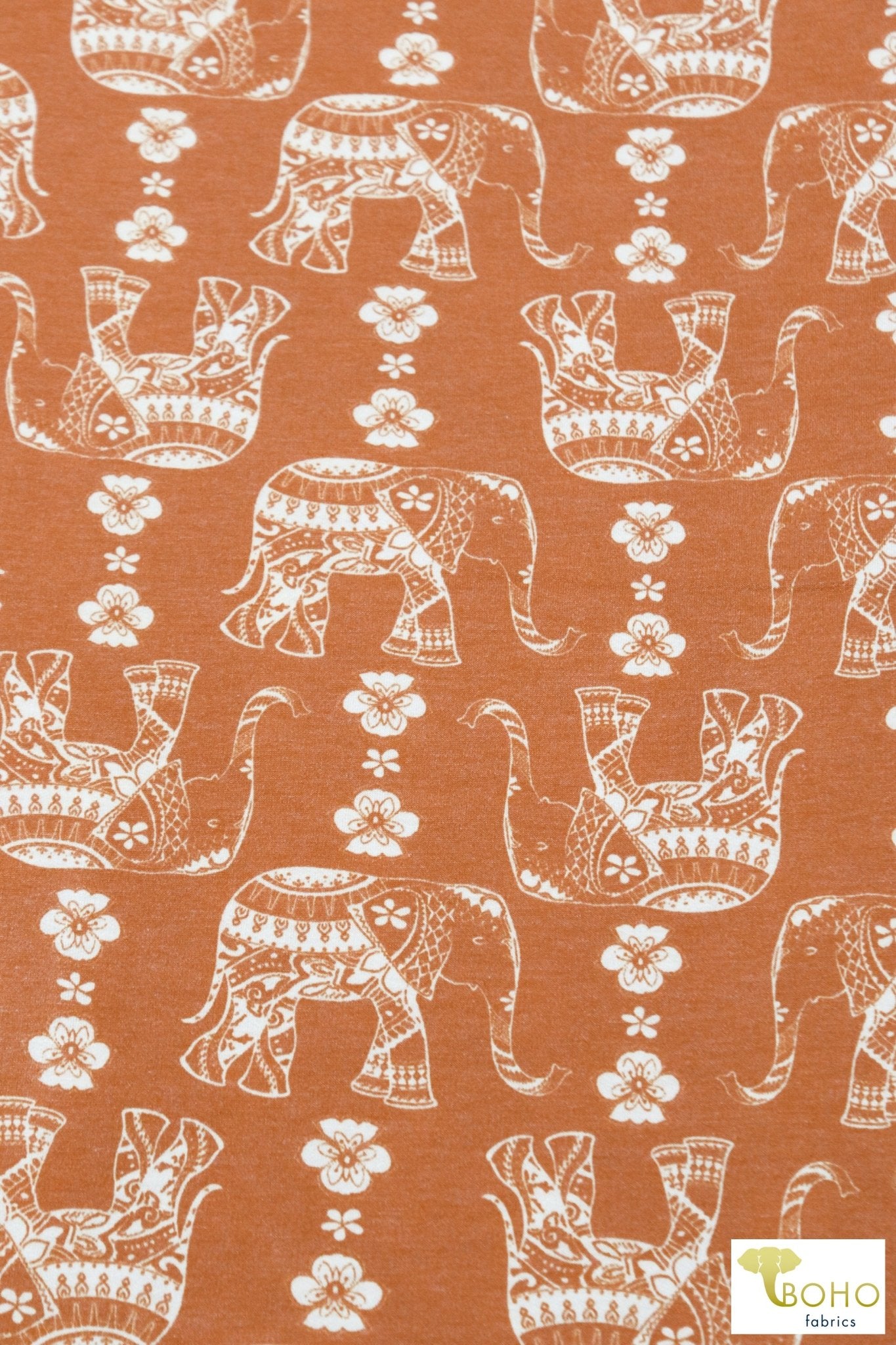 Elephant Parade on Desert Sun Orange French Terry Knit Print. FTP-326-ORG - Boho Fabrics