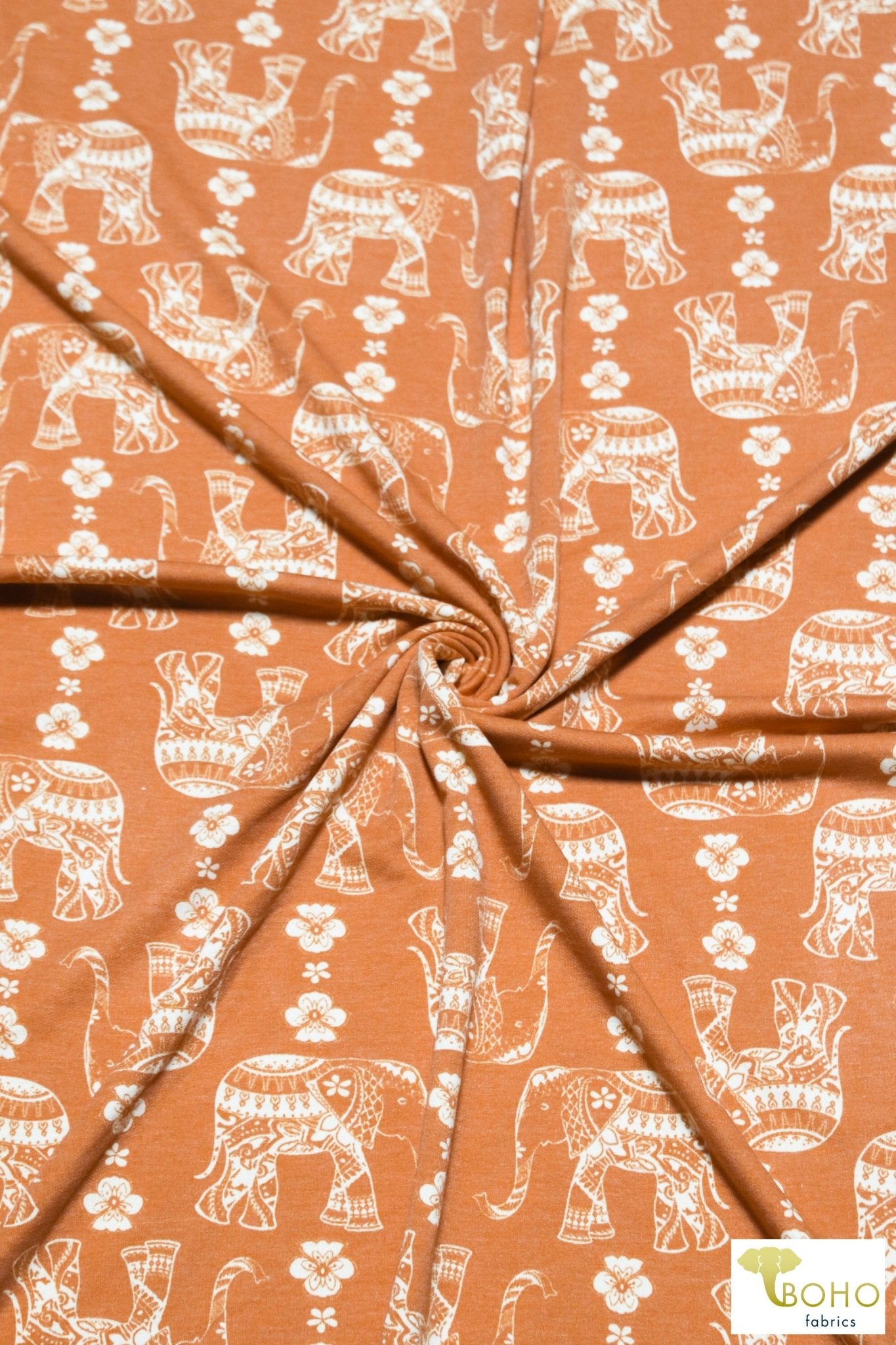 Elephant Parade on Desert Sun Orange French Terry Knit Print. FTP-326-ORG - Boho Fabrics