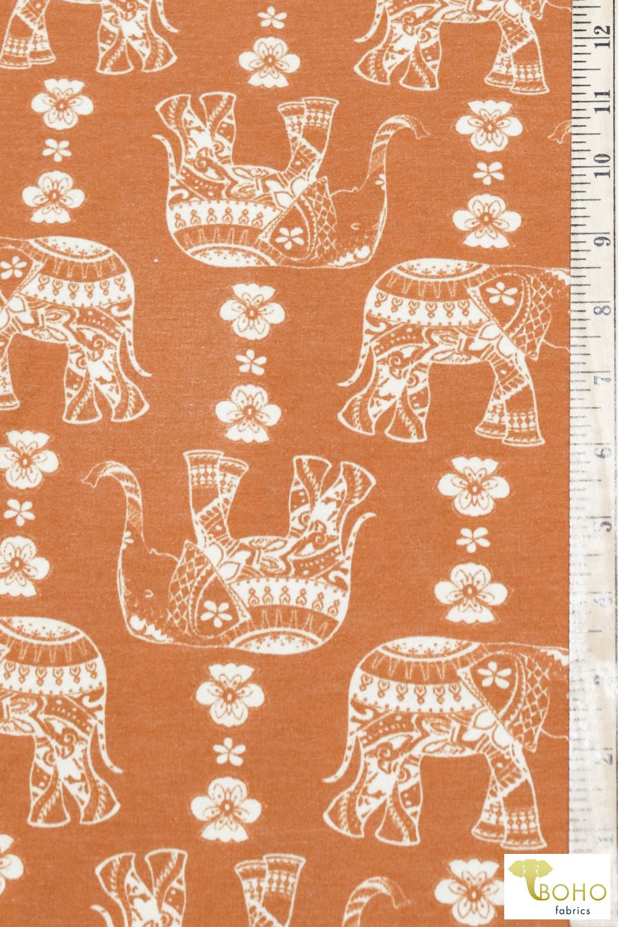 Elephant Parade on Desert Sun Orange French Terry Knit Print. FTP-326-ORG - Boho Fabrics