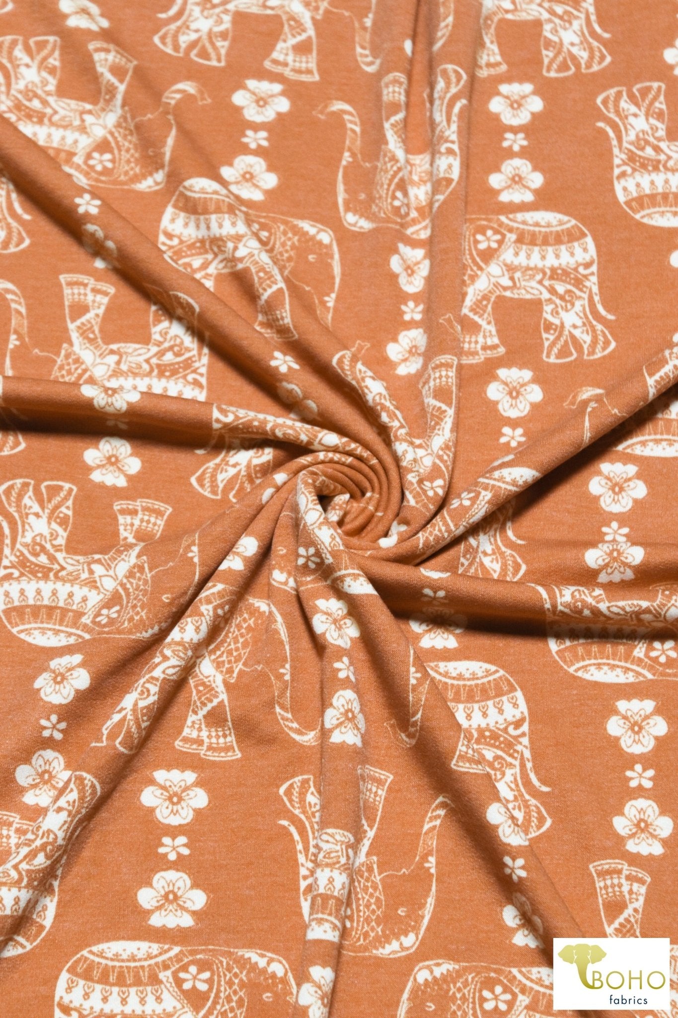 Elephant Parade on Desert Sun Orange French Terry Knit Print. FTP-326-ORG - Boho Fabrics