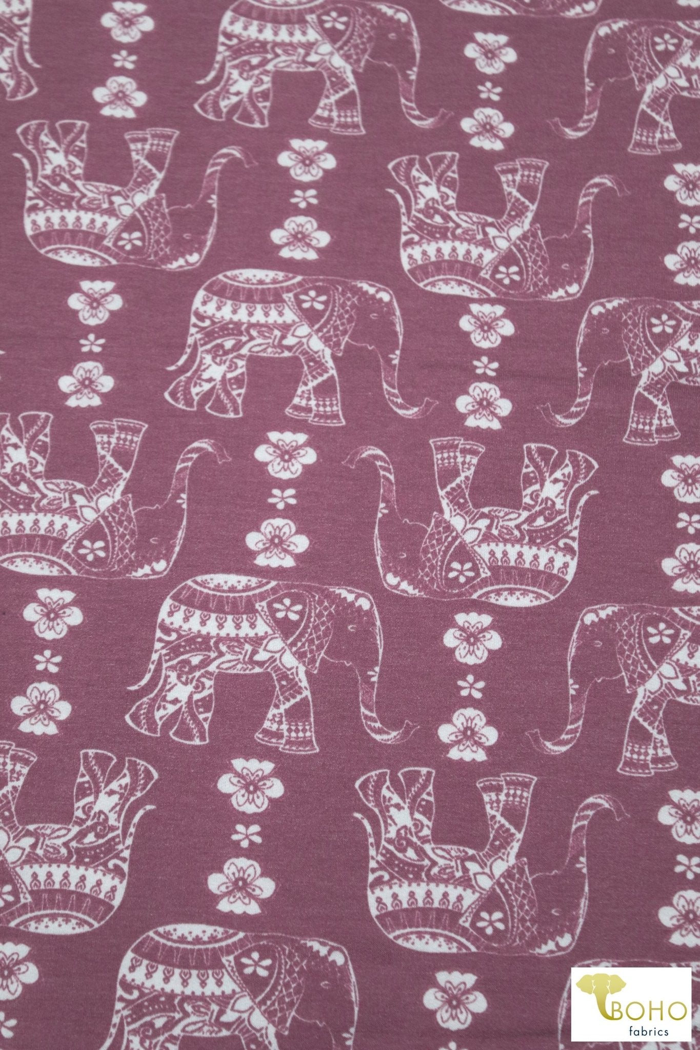Elephant Parade on Dusty Raspberry, French Terry Knit Print. FTP-326-RASP - Boho Fabrics