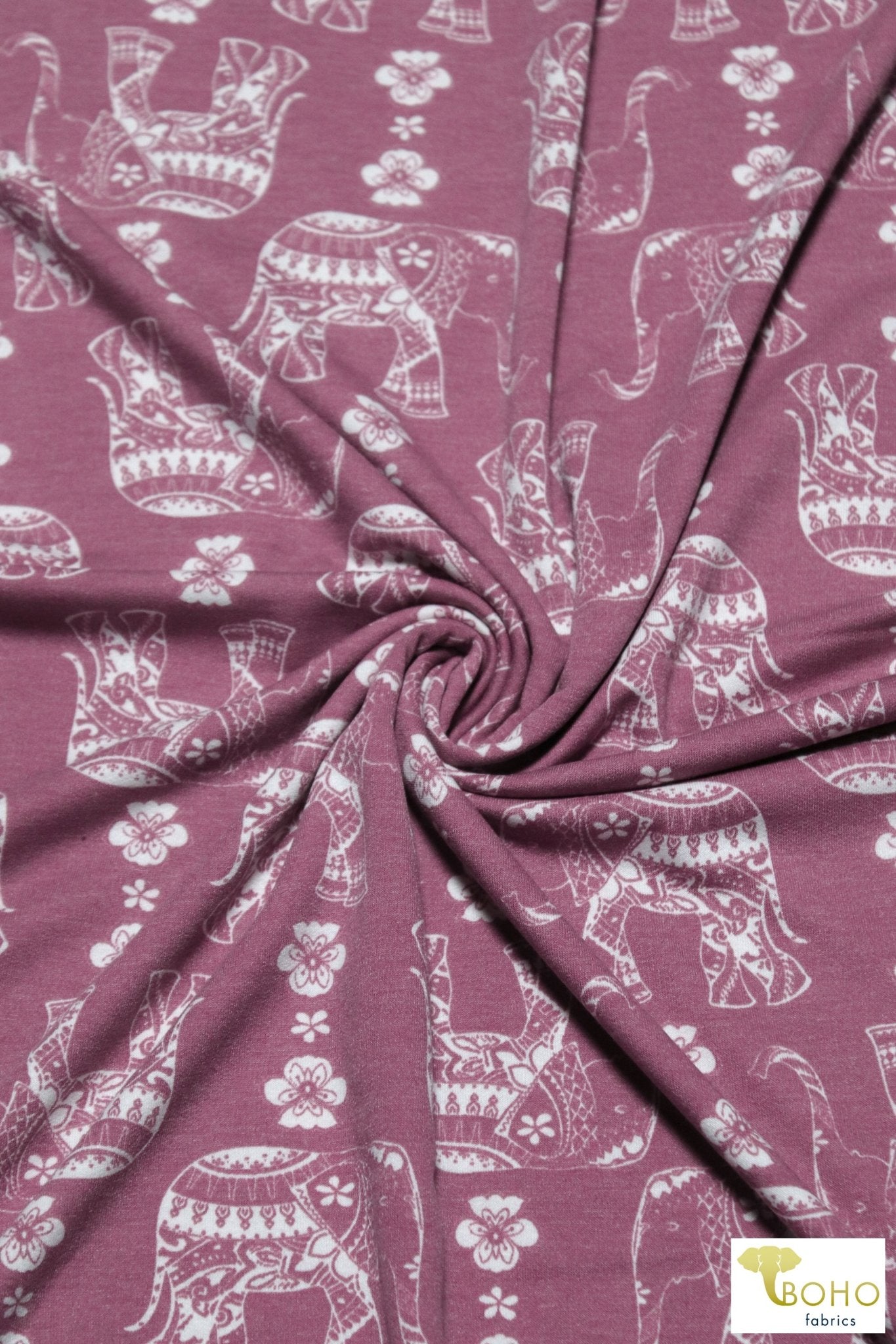 Elephant Parade on Dusty Raspberry, French Terry Knit Print. FTP-326-RASP - Boho Fabrics