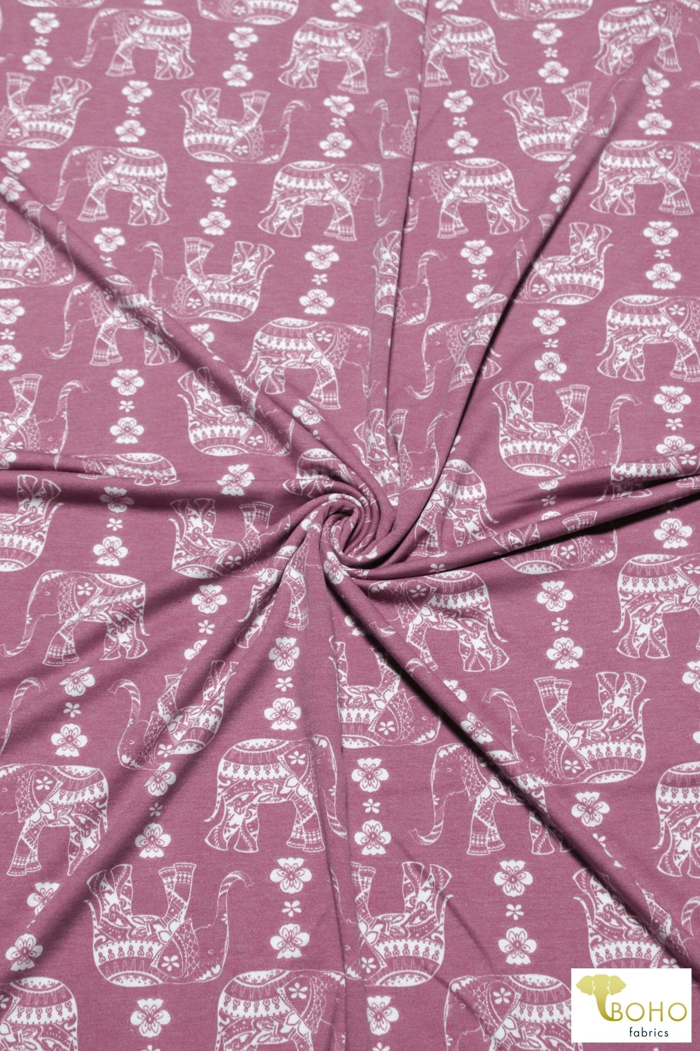 Elephant Parade on Dusty Raspberry, French Terry Knit Print. FTP-326-RASP - Boho Fabrics