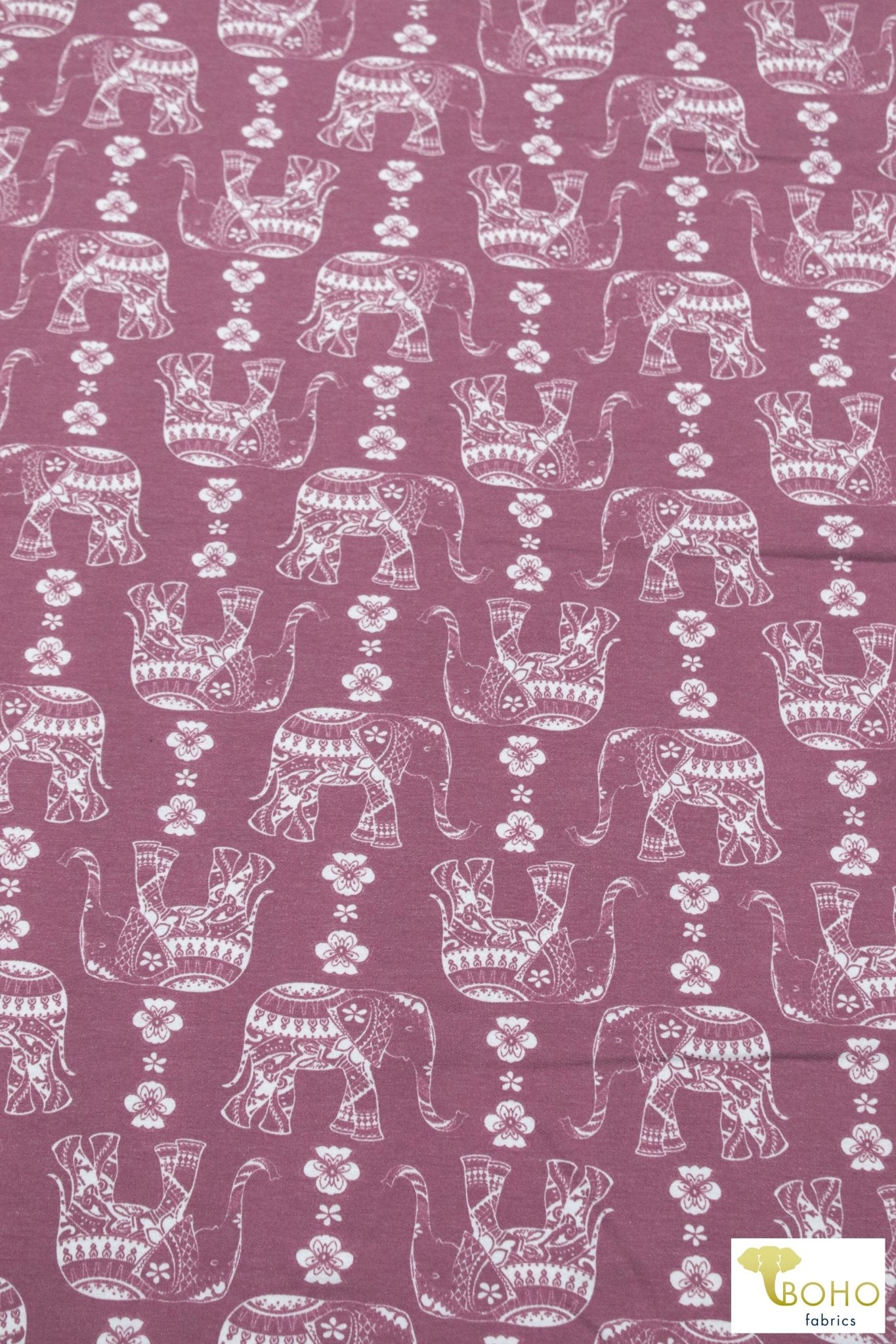Elephant Parade on Dusty Raspberry, French Terry Knit Print. FTP-326-RASP - Boho Fabrics