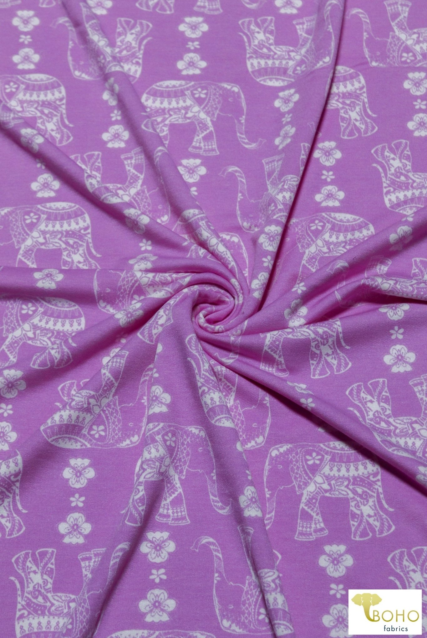 Elephant Parade on Fuchsia, French Terry Knit Print. FTP-326-FSH - Boho Fabrics