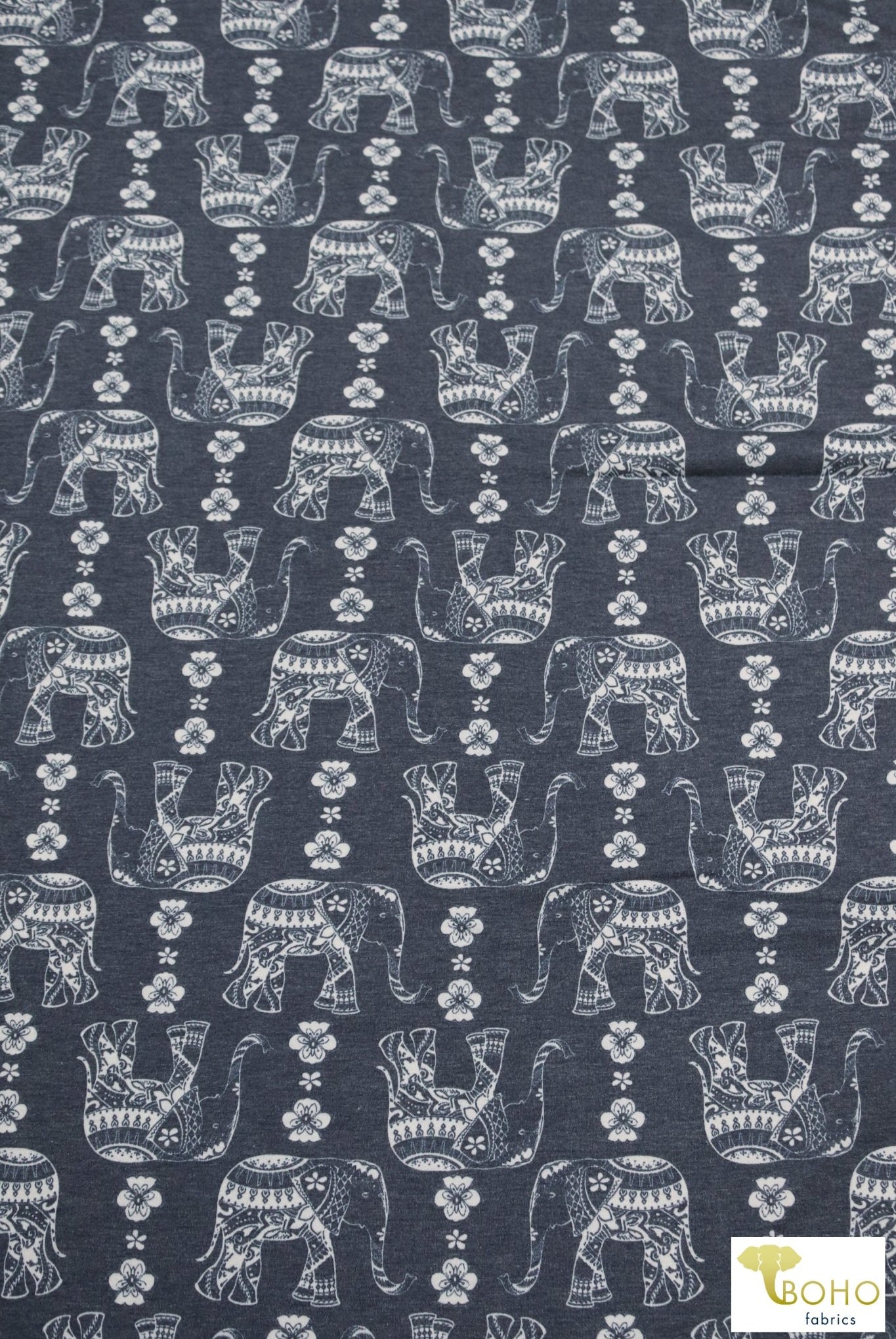 Elephant Parade on Navy, French Terry Knit Print. FTP-326-NVY - Boho Fabrics