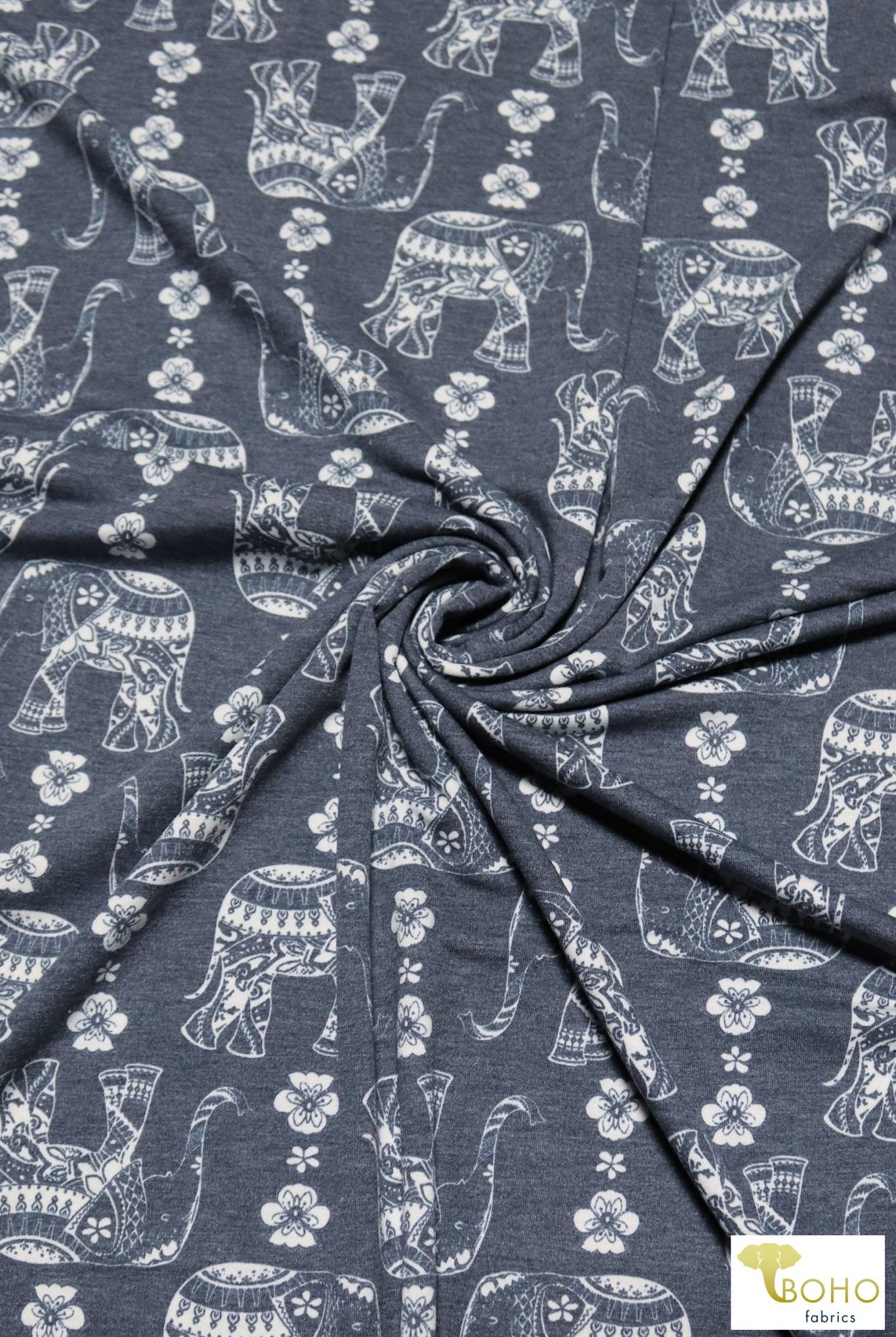 Elephant Parade on Navy, French Terry Knit Print. FTP-326-NVY - Boho Fabrics