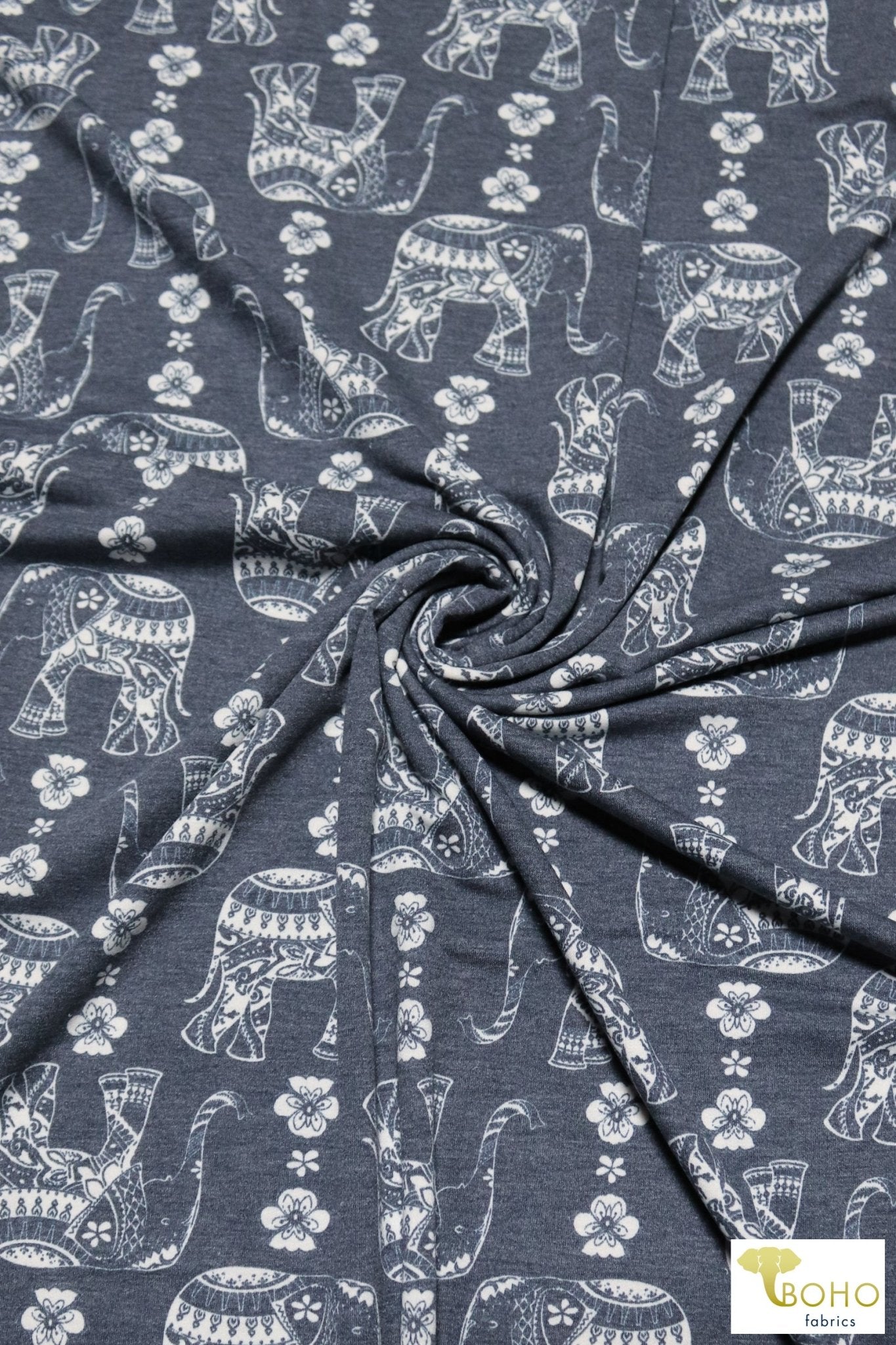 Elephant Parade on Navy, French Terry Knit Print. FTP-326-NVY - Boho Fabrics