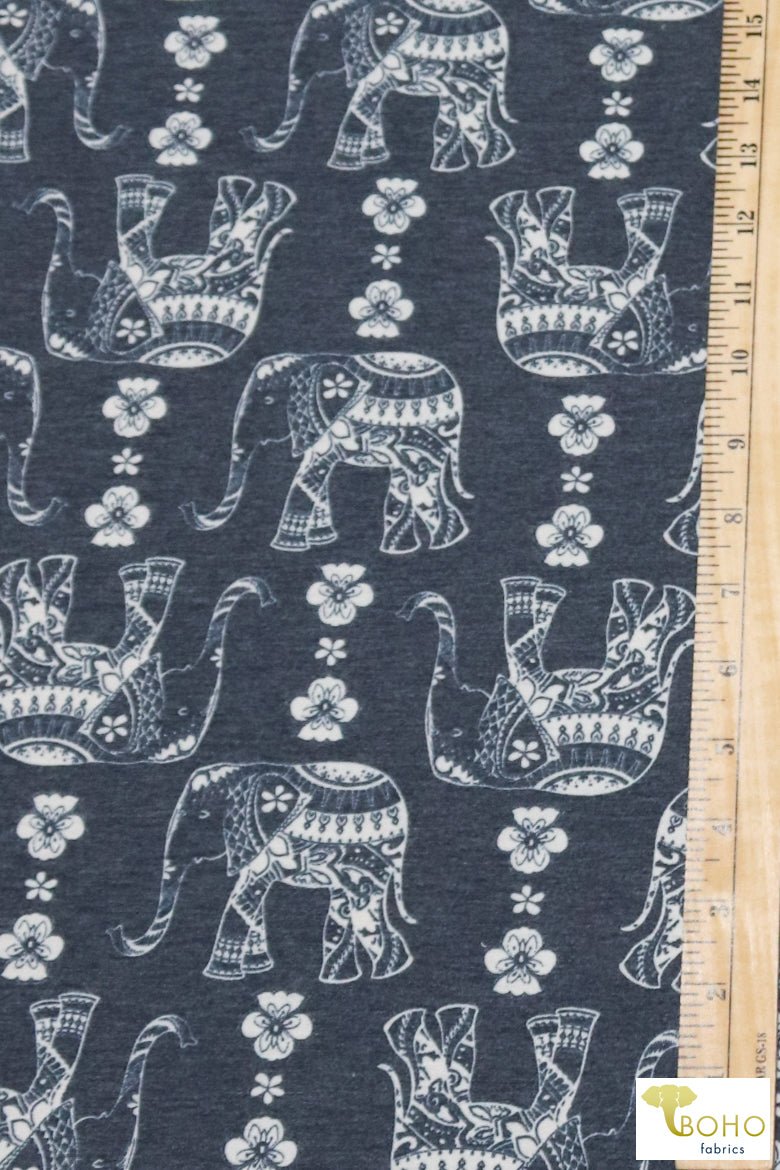Elephant Parade on Navy, French Terry Knit Print. FTP-326-NVY - Boho Fabrics