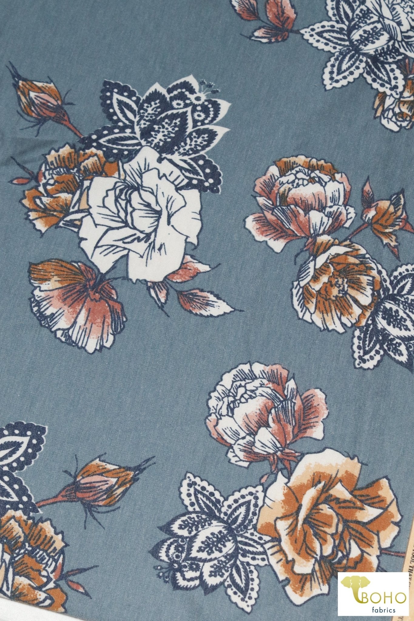 Elyse Florals on Country Blue, French Terry Knit Print. FTP-322-C.BLU - Boho Fabrics
