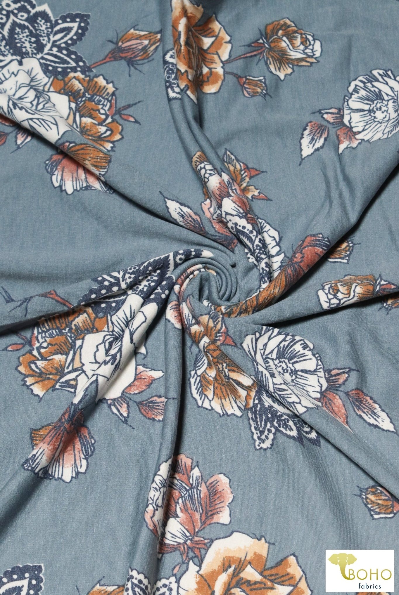 Elyse Florals on Country Blue, French Terry Knit Print. FTP-322-C.BLU - Boho Fabrics