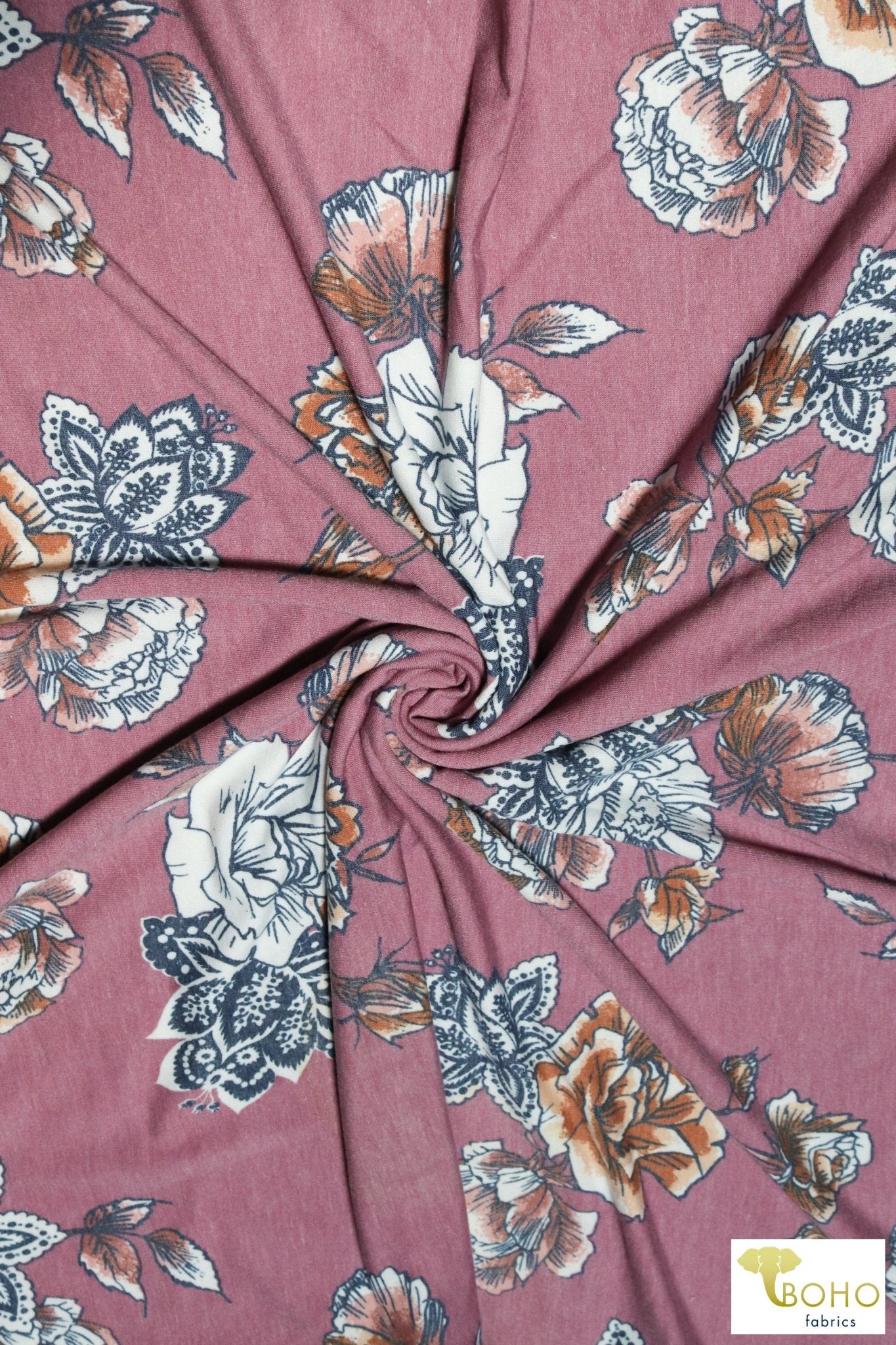 Elyse Florals on Mauve, French Terry Knit Print. FTP-322-PNK - Boho Fabrics