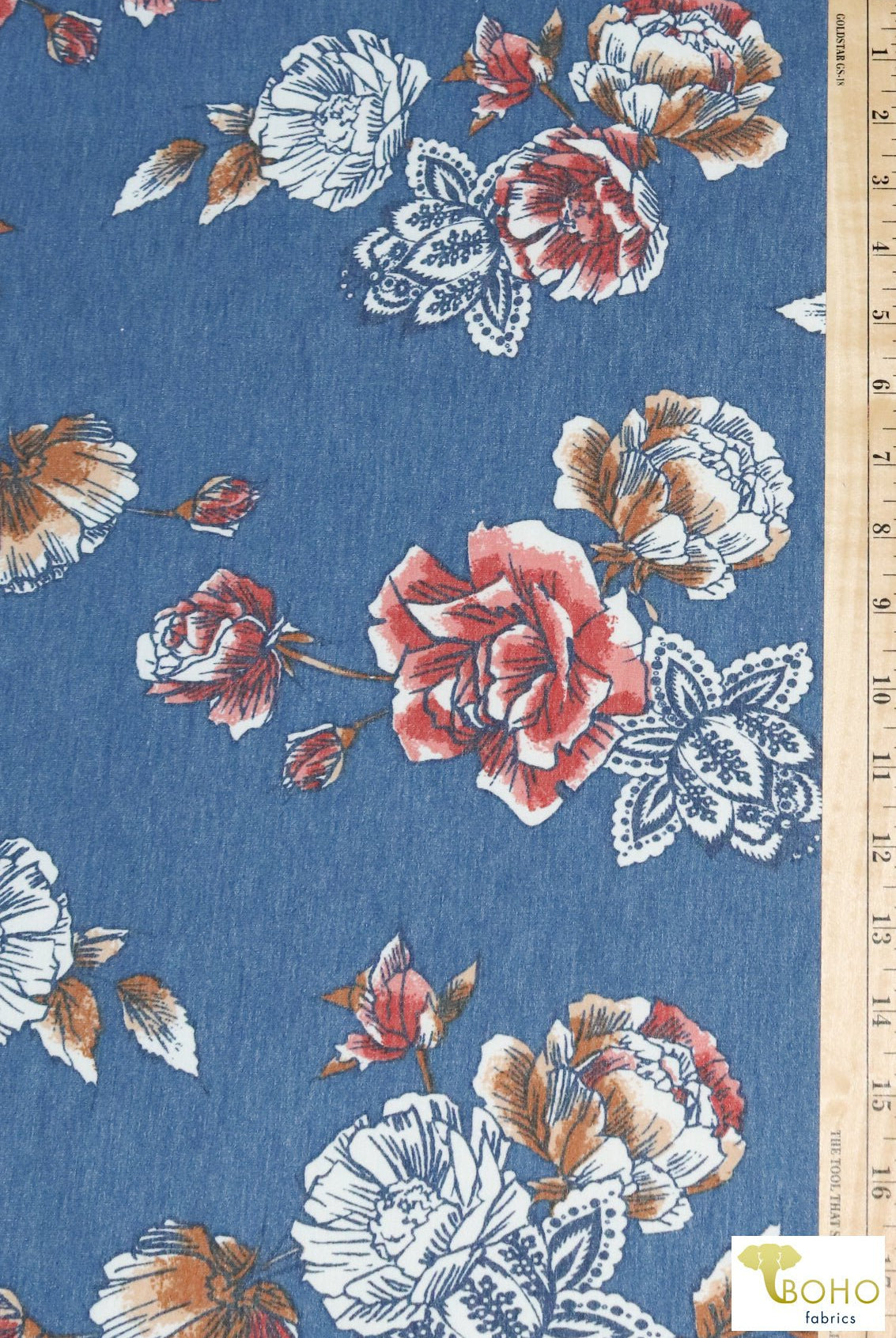Elyse Florals on Royal Navy, French Terry Knit Print. FTP-322-NVY - Boho Fabrics