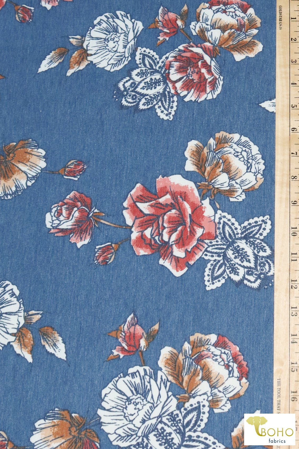 Elyse Florals on Royal Navy, French Terry Knit Print. FTP-322-NVY - Boho Fabrics