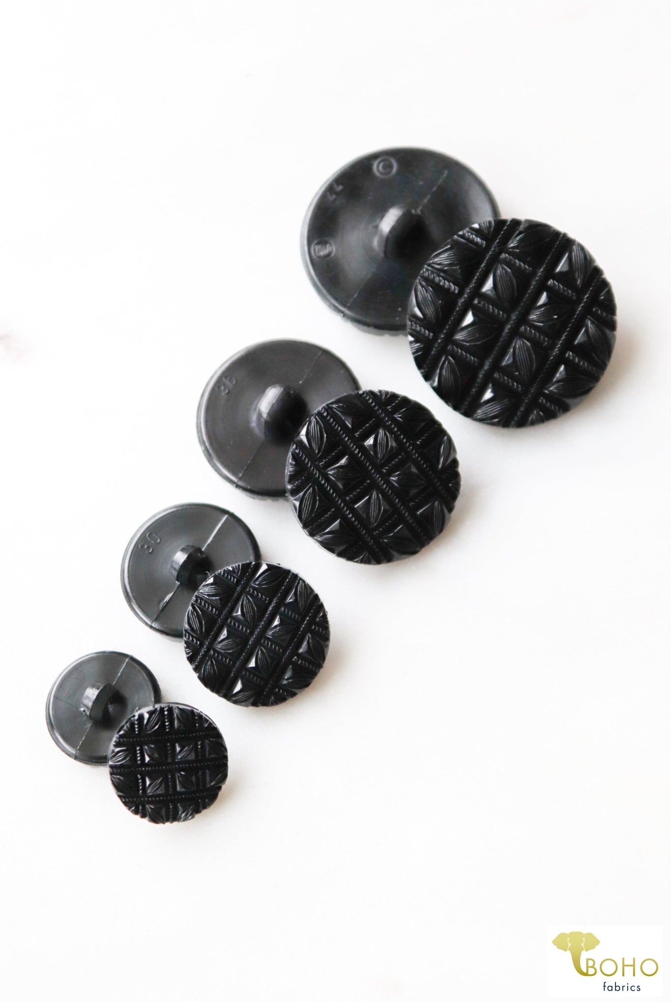 Etched Hepburn, Shank Buttons in Black. Available in 15mm, 19mm, 23mm, 28mm - Boho Fabrics