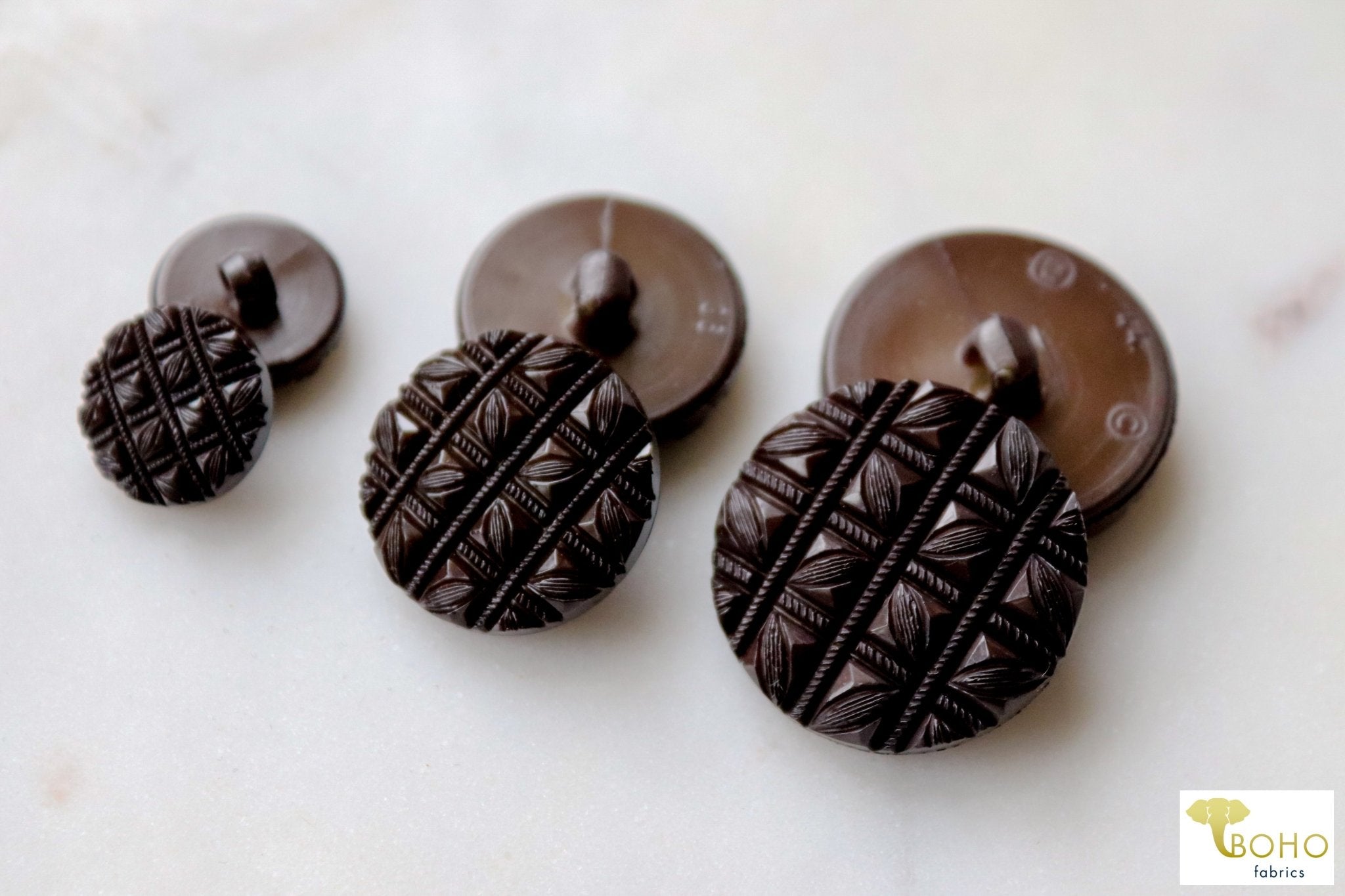 Etched Hepburn Shank Buttons in Brown. Available in 15mm, 23mm, 28mm - Boho Fabrics