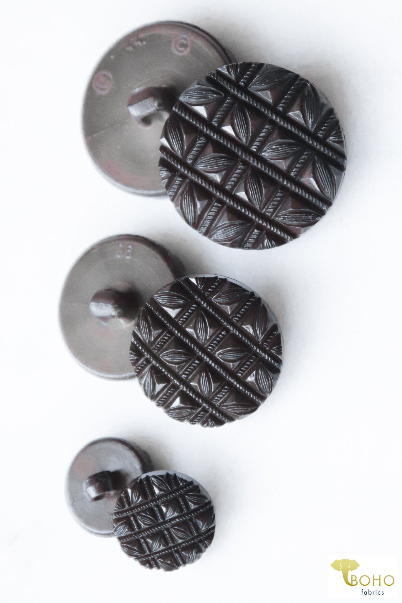 Etched Hepburn, Shank Buttons in Charcoal Available in 15mm, 23mm, 28mm - Boho Fabrics