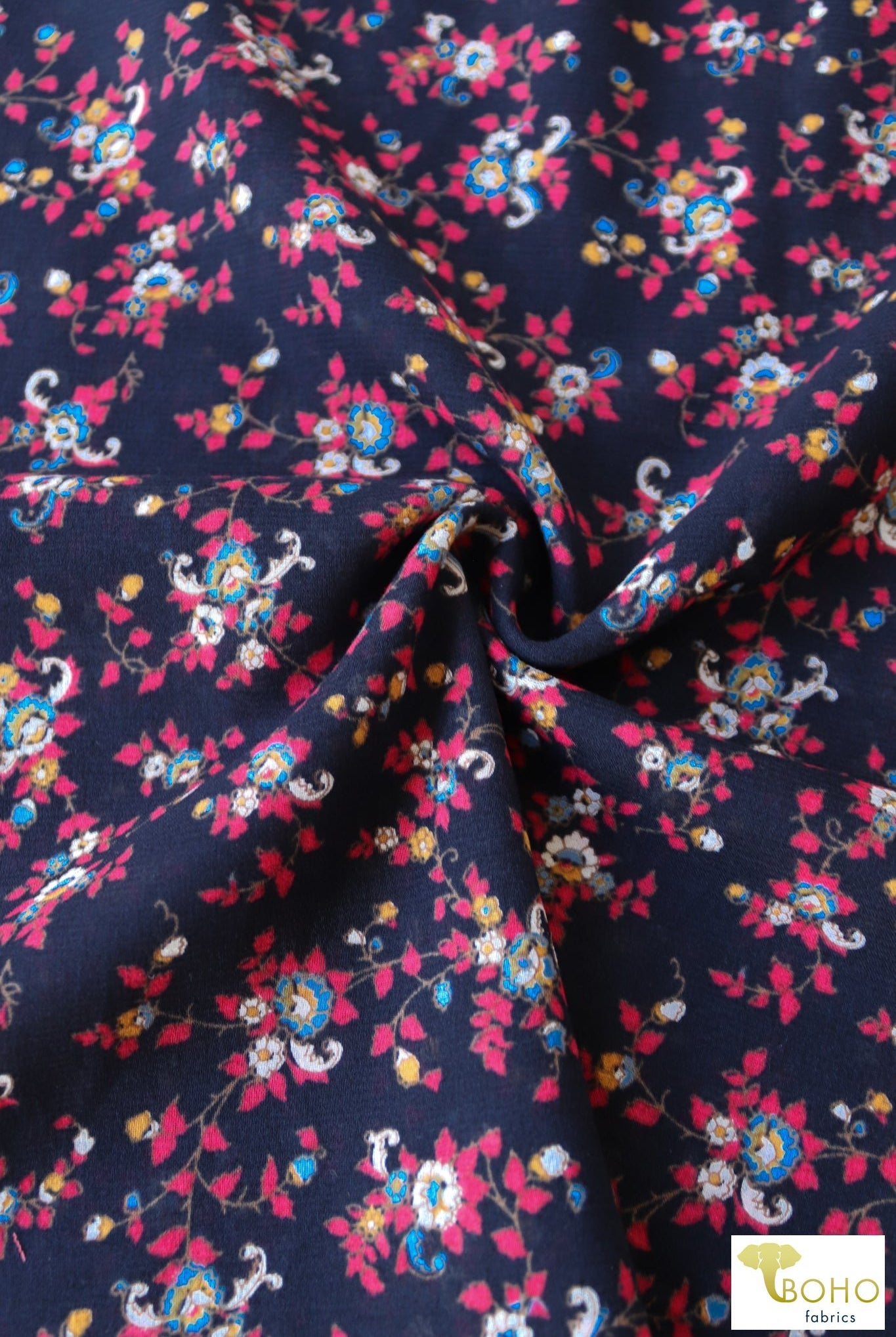 Evening Blooms on Navy Blue. Cotton Woven Fabric WVP-239 - Boho Fabrics