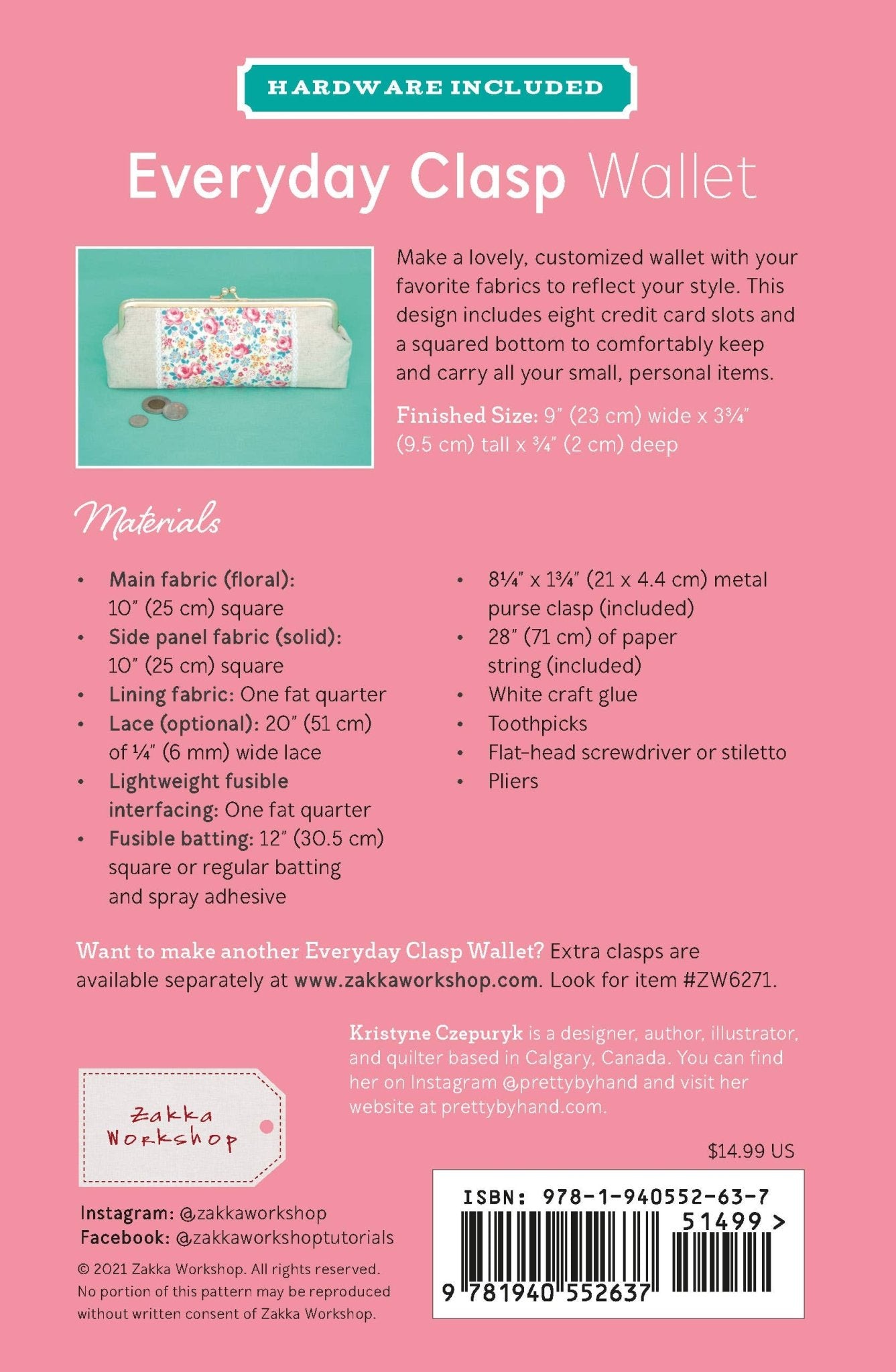 Everyday Clasp Wallet, Sewing Pattern with Hardware - Boho Fabrics - Sewing Patterns