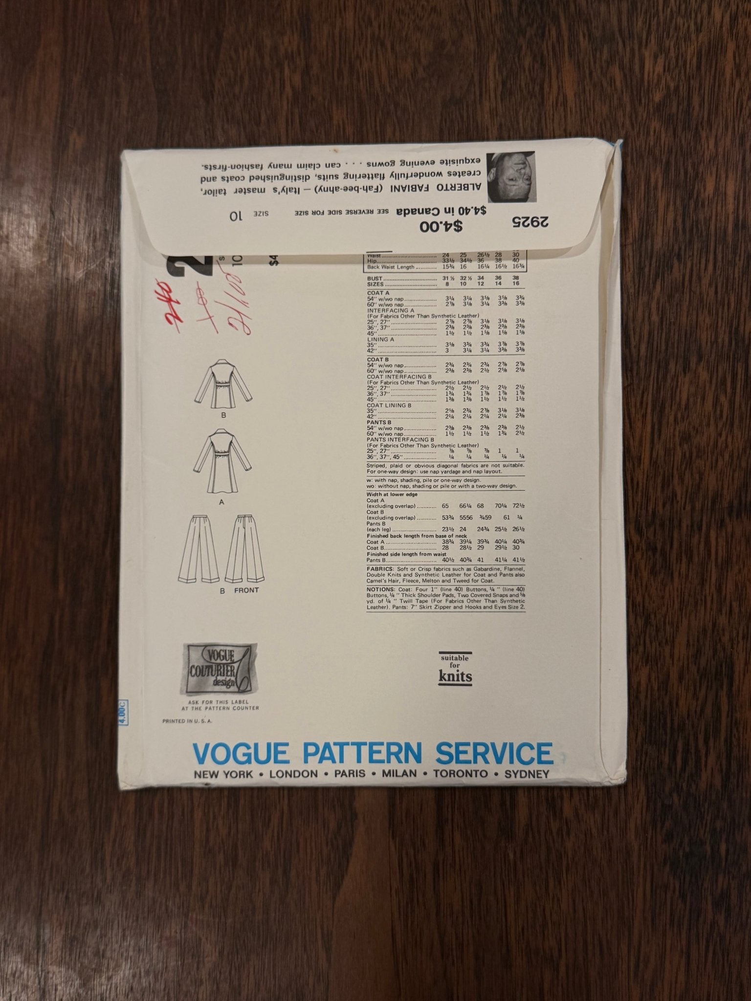 Fabiani | Vogue Couturier Design Sewing Pattern #2925 — Double-Breasted Coat with Martingale Belt & Wide-Leg Pants, Size 10, Vintage 1973 - Boho Fabrics - Sewing Patterns