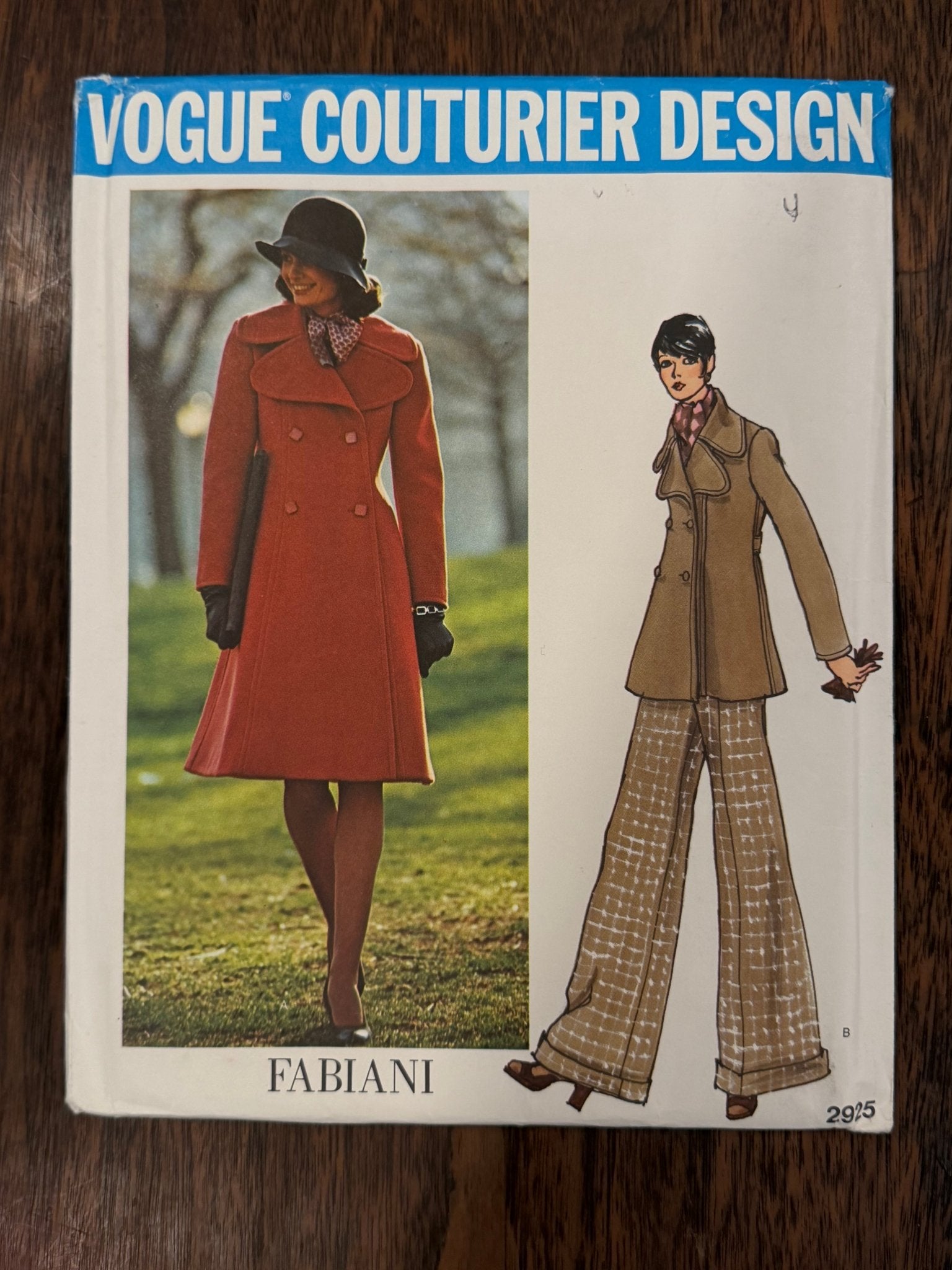 Fabiani | Vogue Couturier Design Sewing Pattern #2925 — Double-Breasted Coat with Martingale Belt & Wide-Leg Pants, Size 10, Vintage 1973 - Boho Fabrics - Sewing Patterns