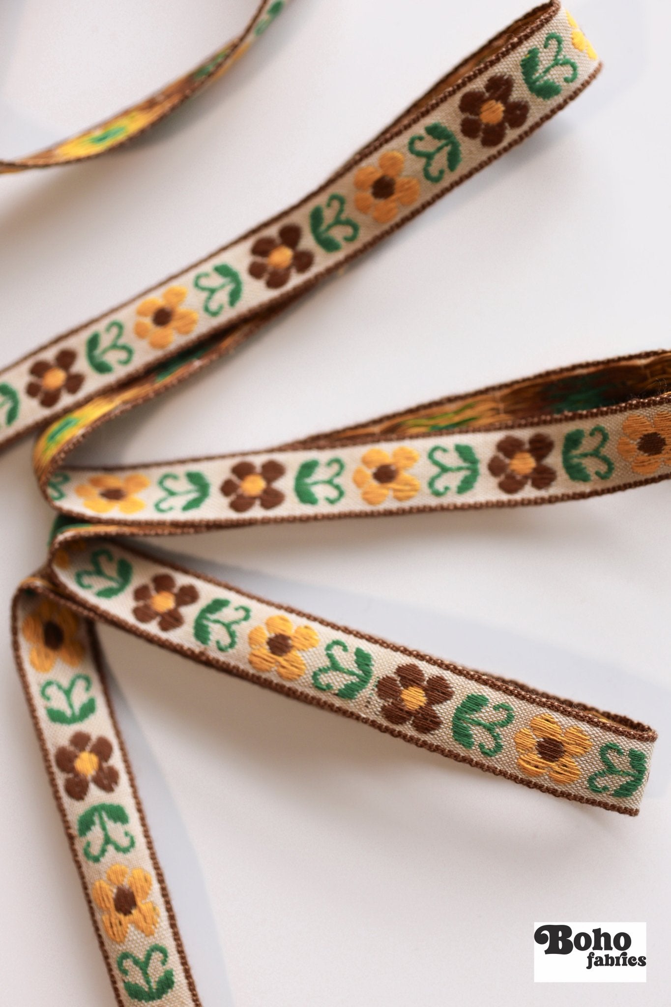 Fall Daisies in Brown, 9/16" Vintage Jacquard Woven Trim, TRIM - 035 - Boho Fabrics - Trims