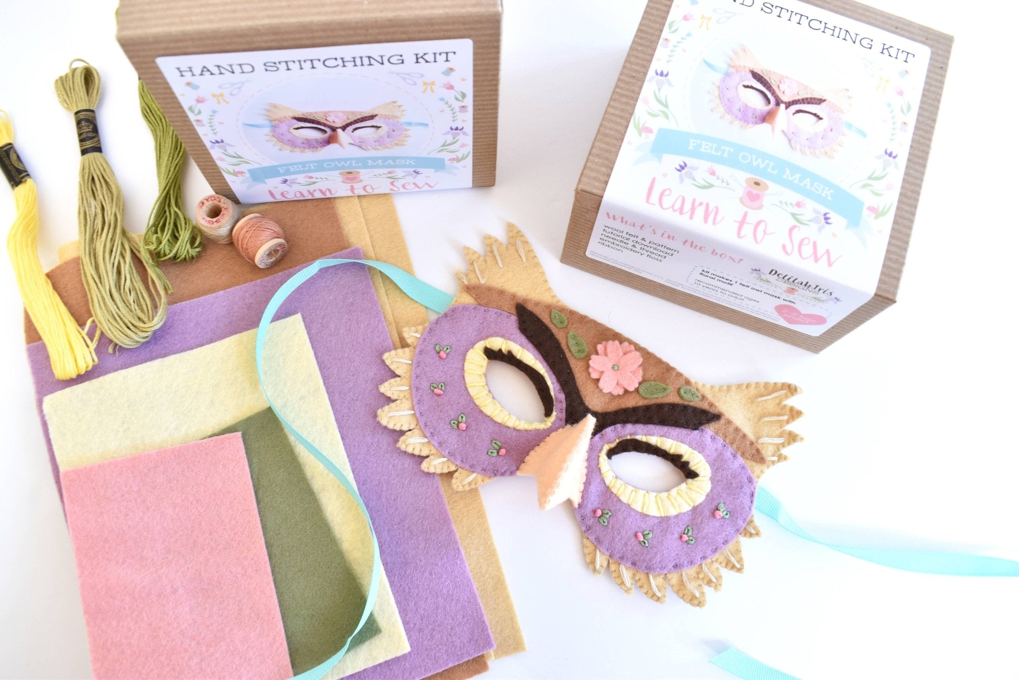 Felt Owl Mask Hand Sewing Kit - Floral Addition - Boho Fabrics - 