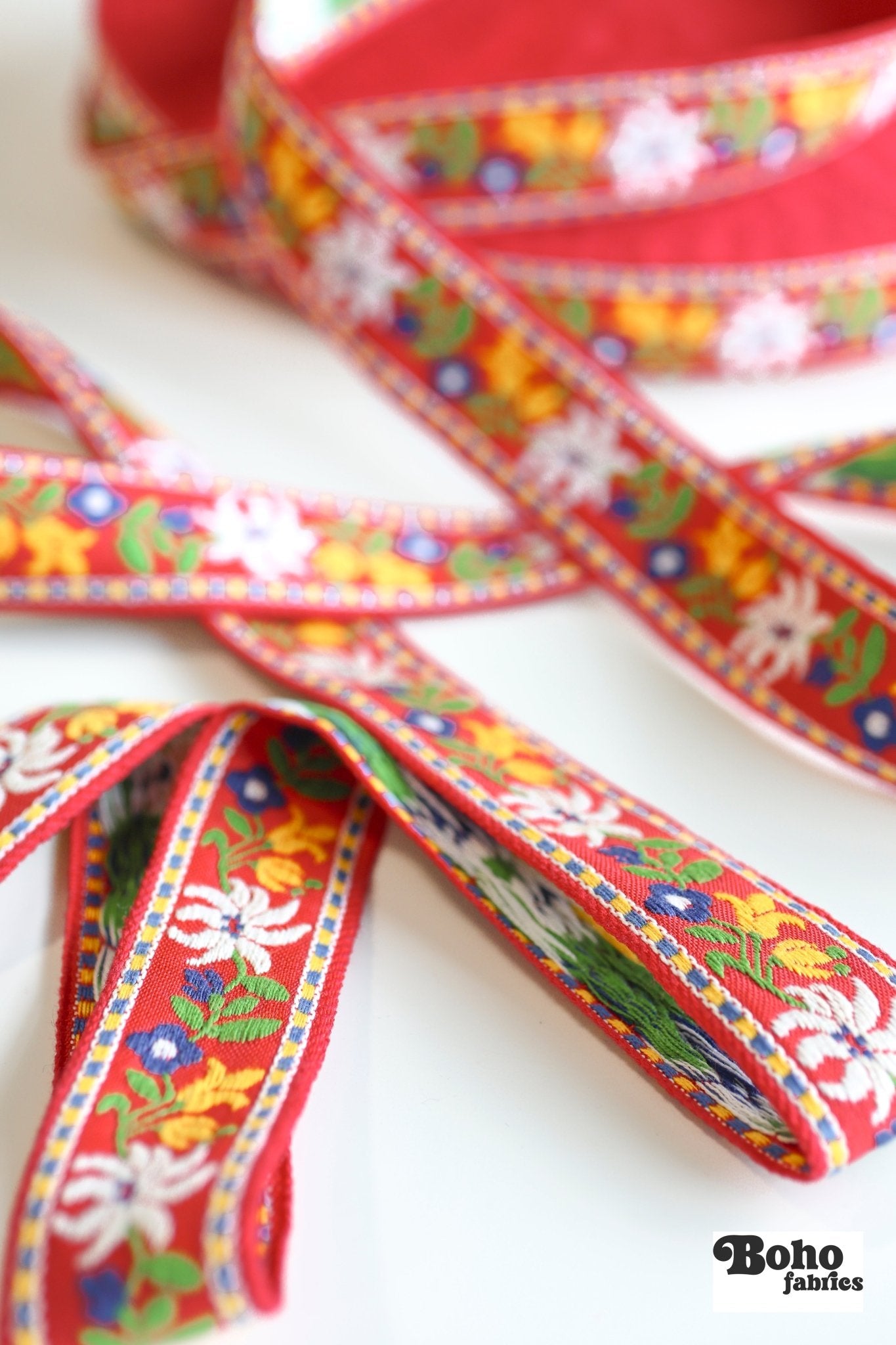 Festival Bloom in Red, 1 1/4" Vintage Jacquard Woven Trim, TRIM - 067 - Boho Fabrics - Trims