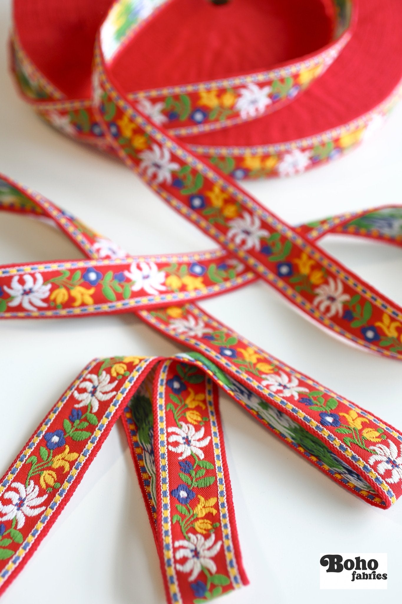 Festival Bloom in Red, 1 1/4" Vintage Jacquard Woven Trim, TRIM - 067 - Boho Fabrics - Trims