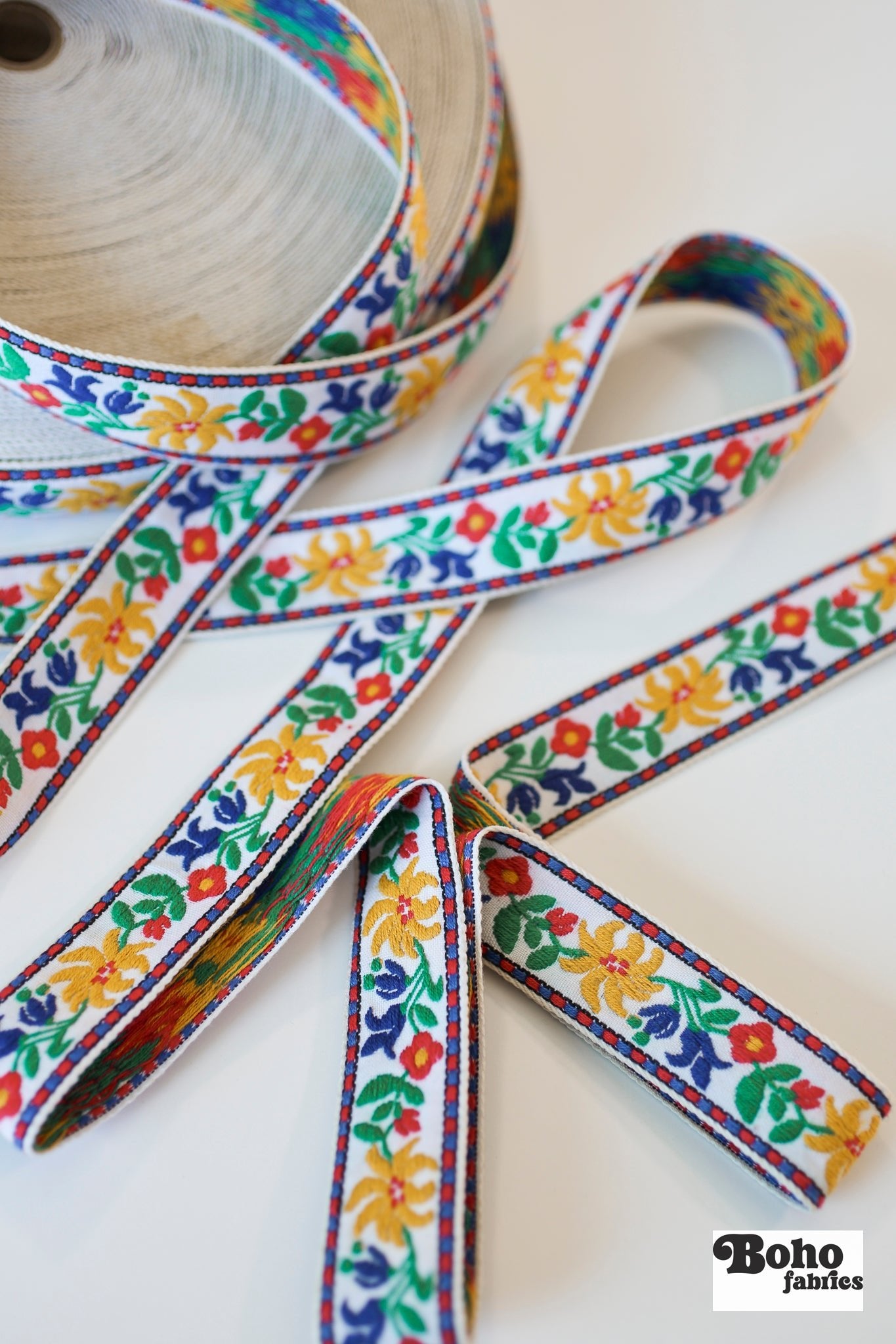 Festival Bloom in White, 1 1/4" Vintage Jacquard Woven Trim, TRIM - 062 - Boho Fabrics - Trims