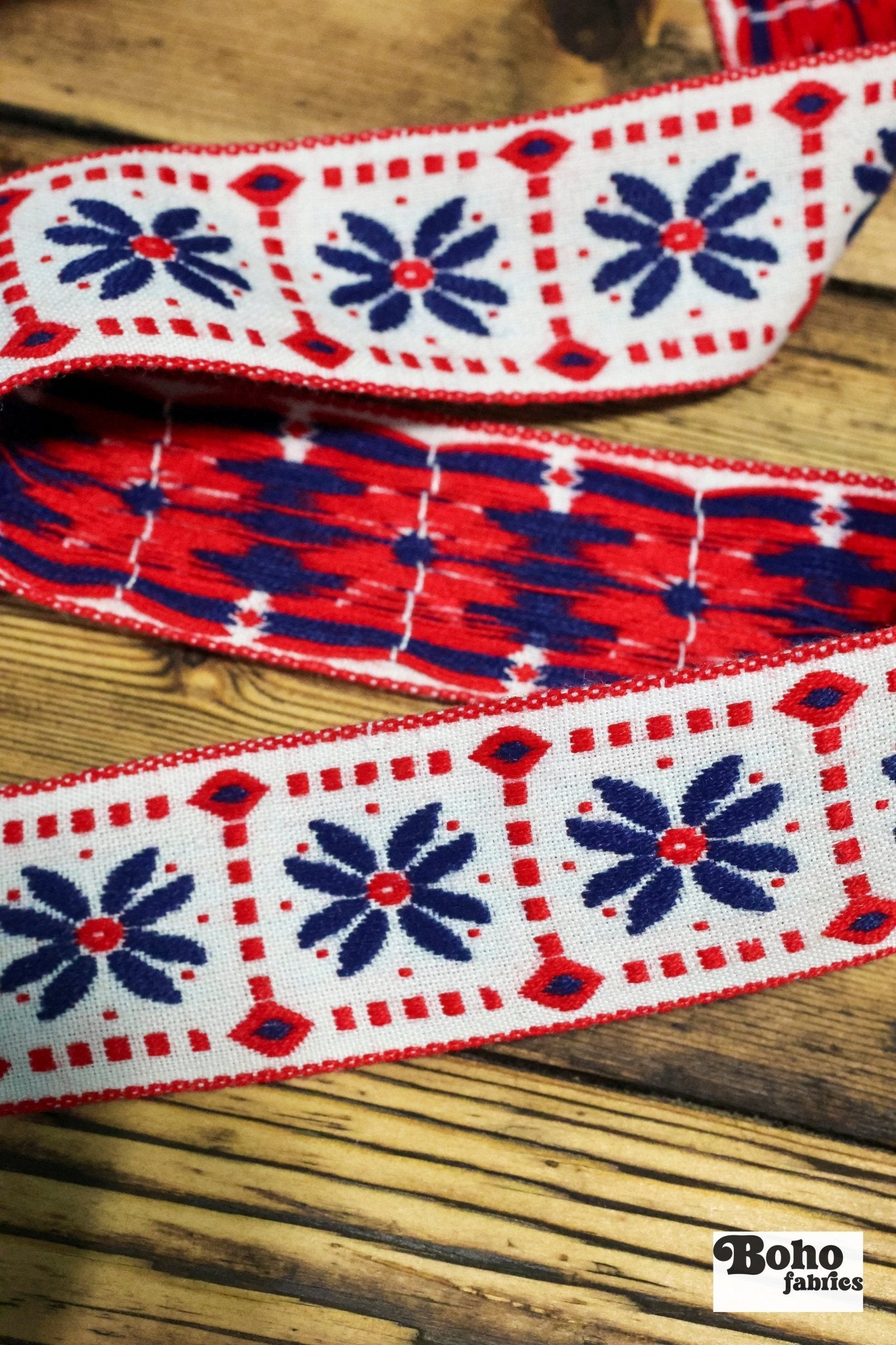 Floral Frames in Red/White/Blue, 1.5" Jacquard Woven Trim. TRIM - 008 - Boho Fabrics - Trims
