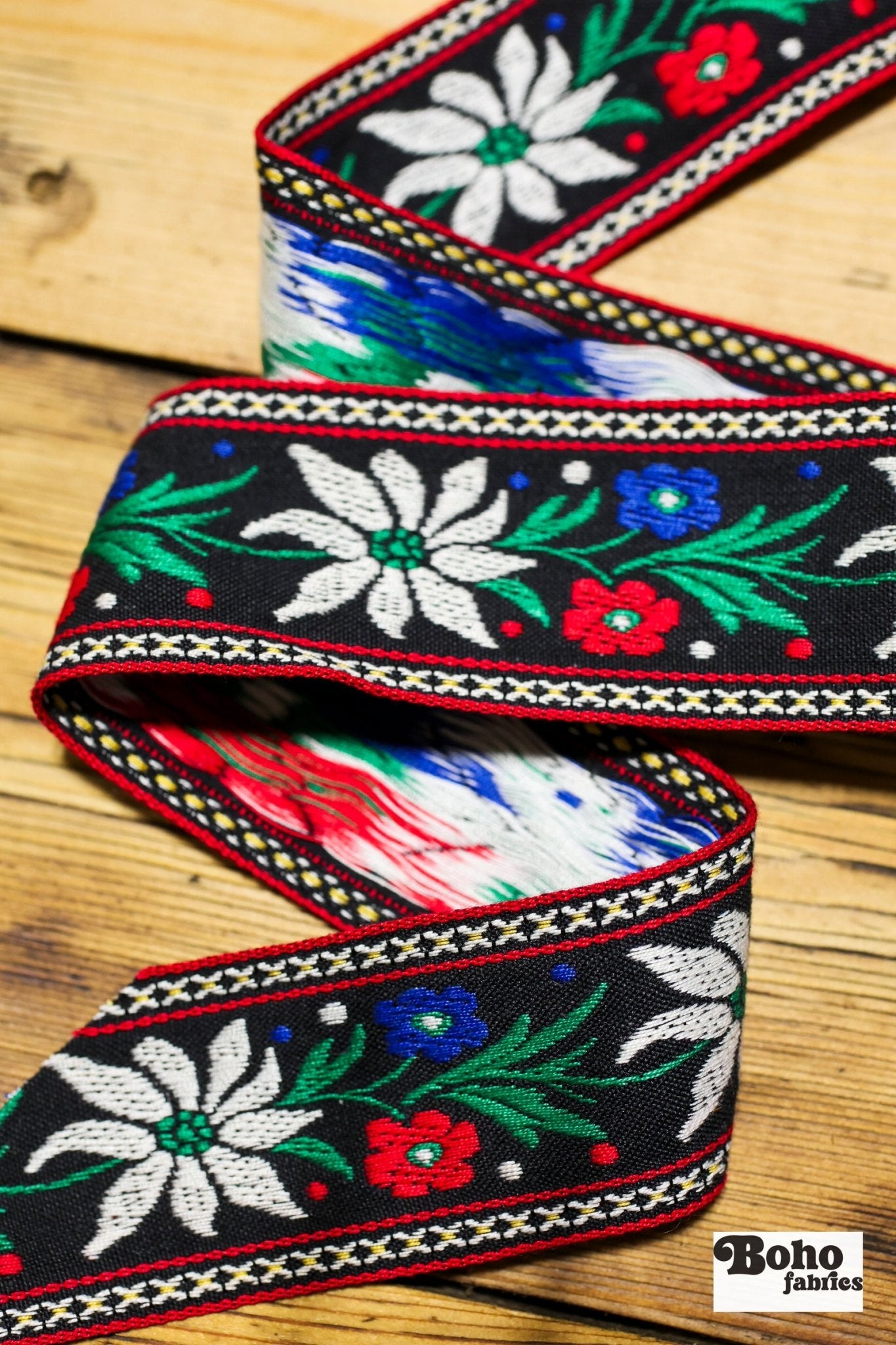 Florals & Everberry, 1.75" Jacquard Woven Trim, Red, White Green & Blue TRIM - 004 - Boho Fabrics - Trims