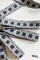 Flower Block in Black & White, 1 1/8" Vintage Jacquard Woven Trim, TRIM - 063 - Boho Fabrics - Trims