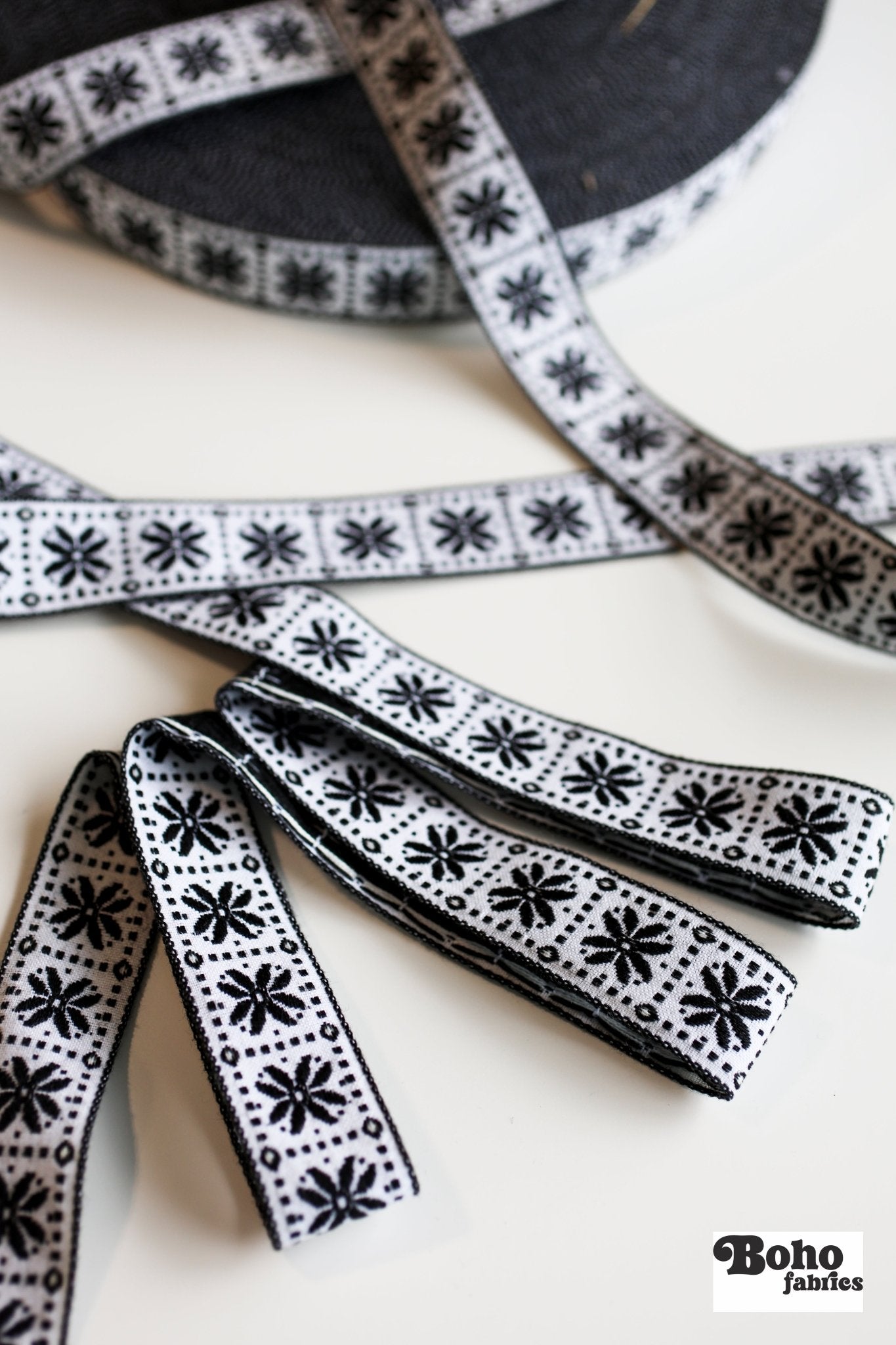 Flower Block in Black & White, 1 1/8" Vintage Jacquard Woven Trim, TRIM - 063 - Boho Fabrics - Trims