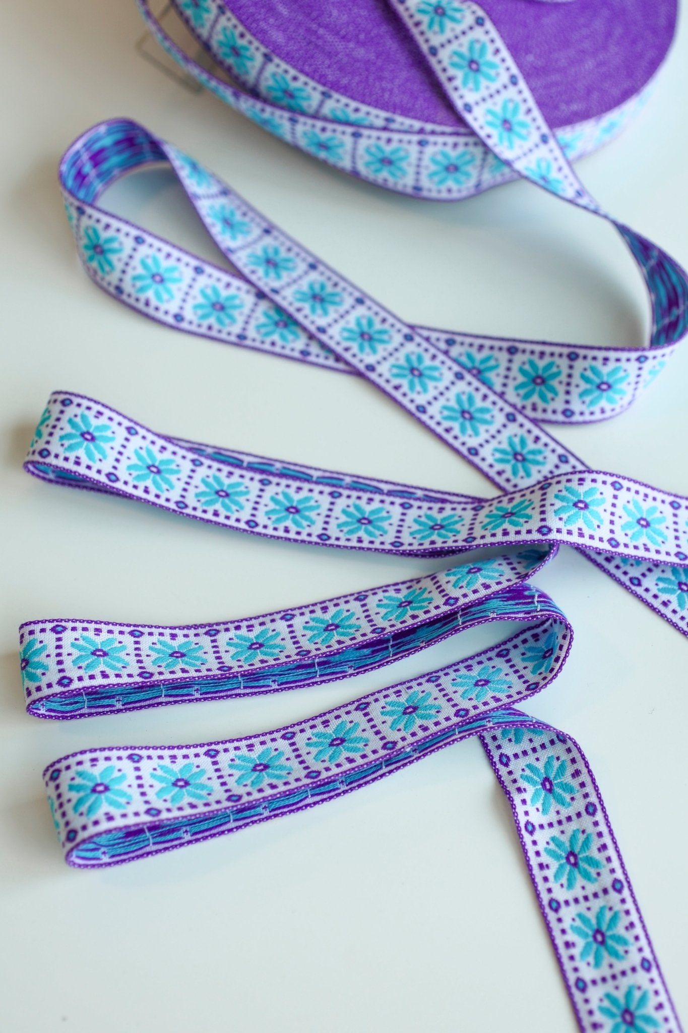 Flower Block in Blue & Purple, 1 1/8" Vintage Jacquard Woven Trim, TRIM - 018 - Boho Fabrics - Trims