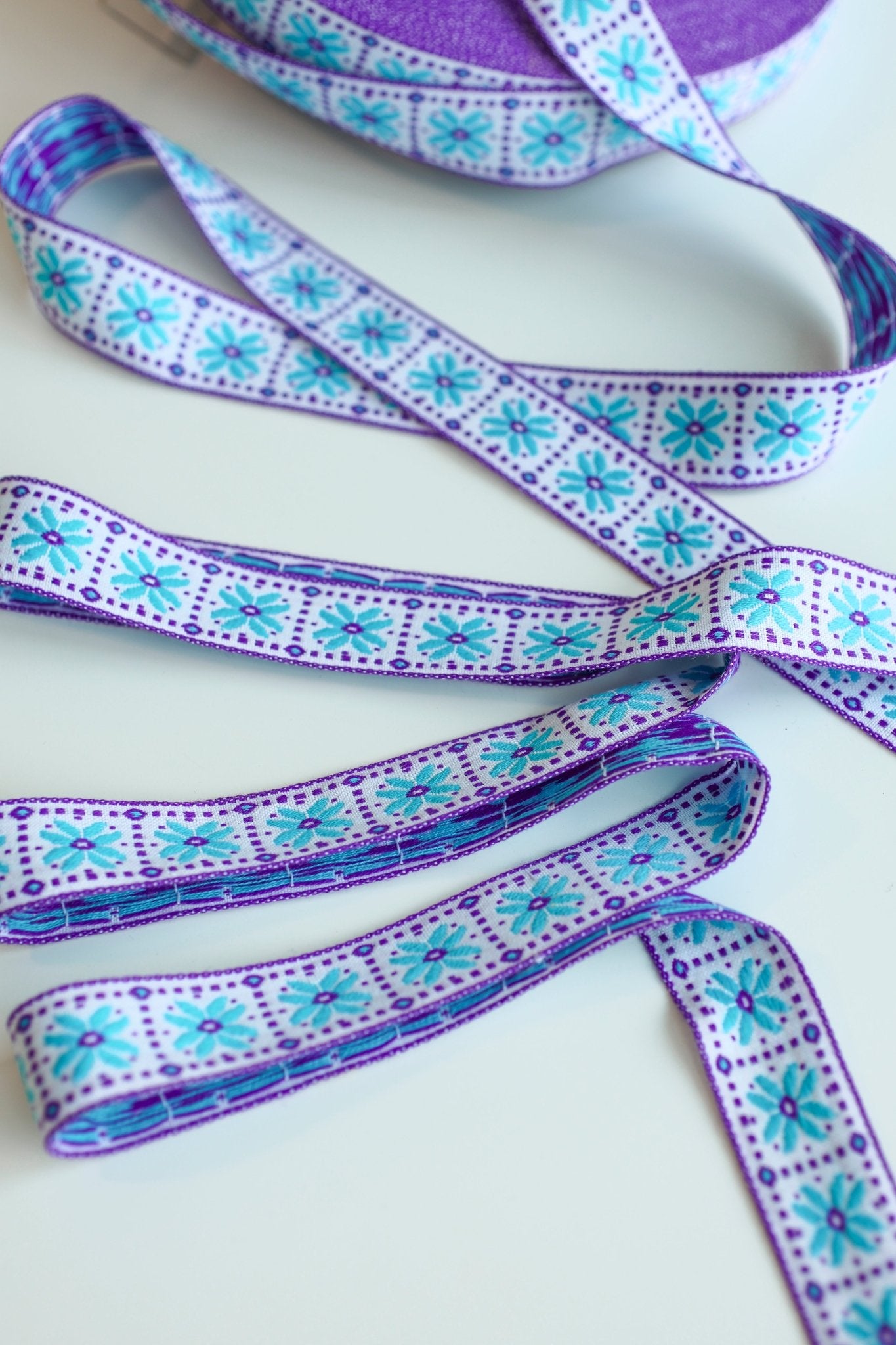 Flower Block in Blue & Purple, 1 1/8" Vintage Jacquard Woven Trim, TRIM - 018 - Boho Fabrics - Trims