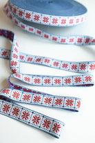 Flower Block in Red & Blue, 1 1/8" Vintage Jacquard Woven Trim, TRIM - 019 - Boho Fabrics - Trims