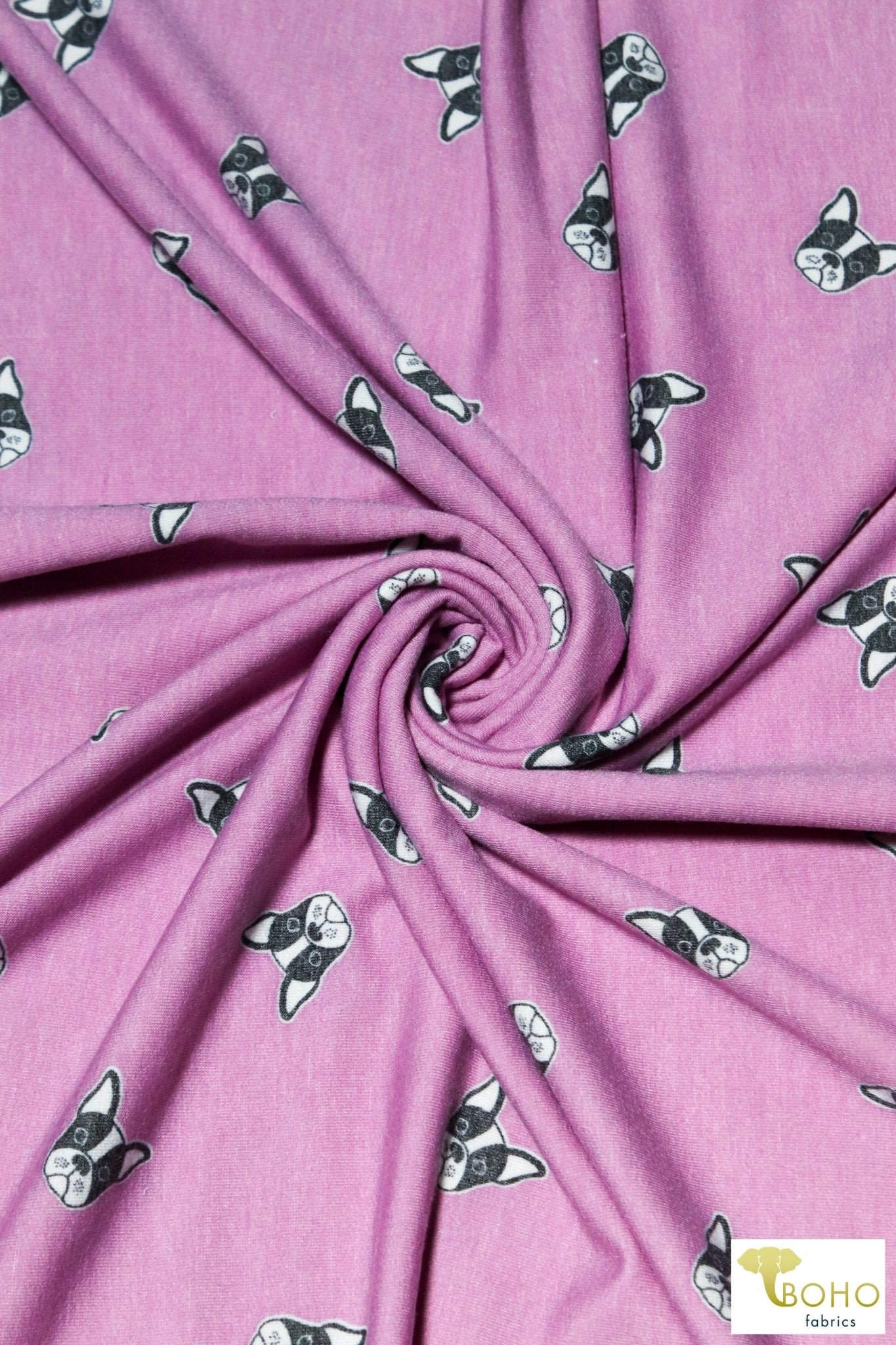 Frenchies on Lilac Mauve, Dog French Terry Knit Print. FTP-323-PURP - Boho Fabrics